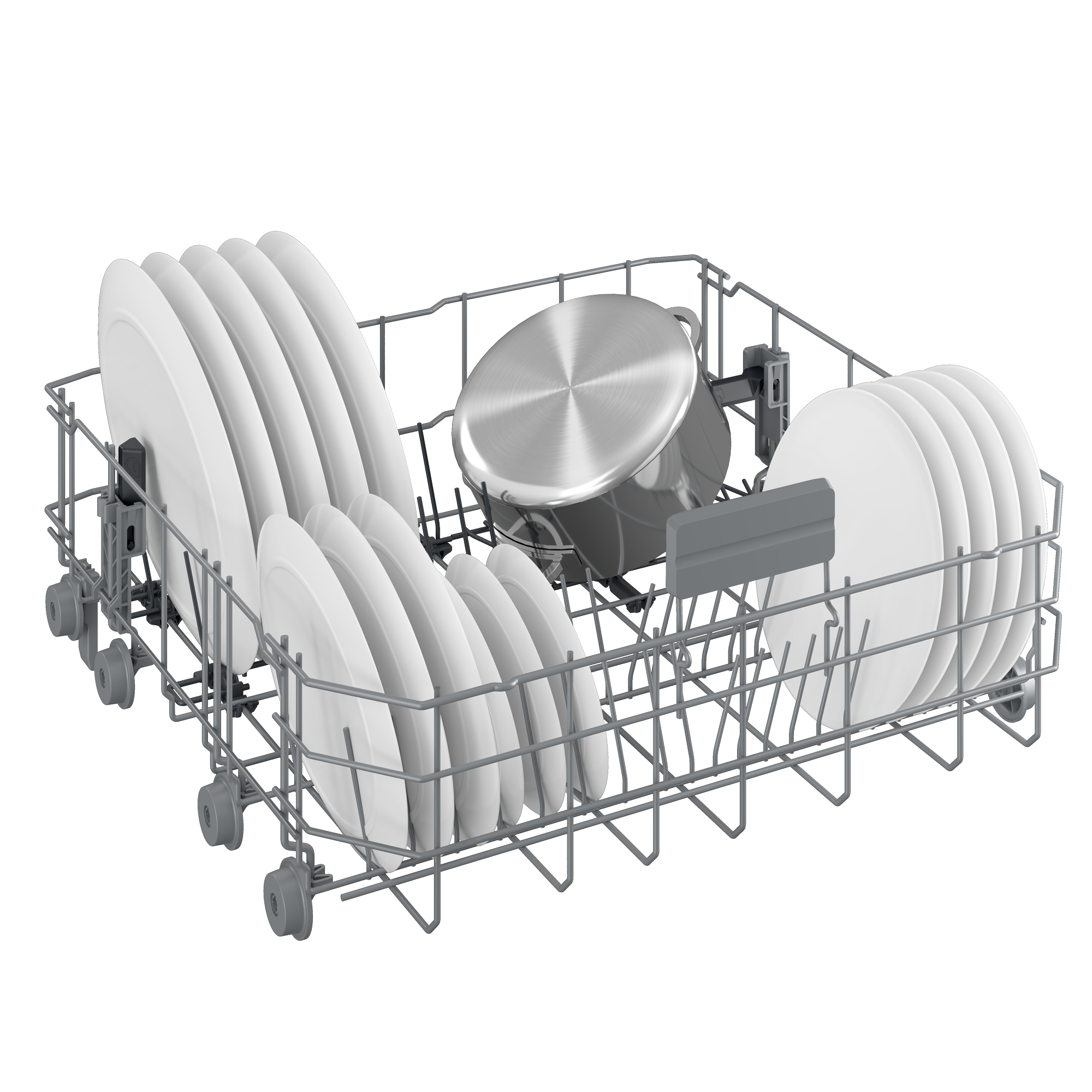 Regał zmywarki z białymi talerzami i garnkiem.