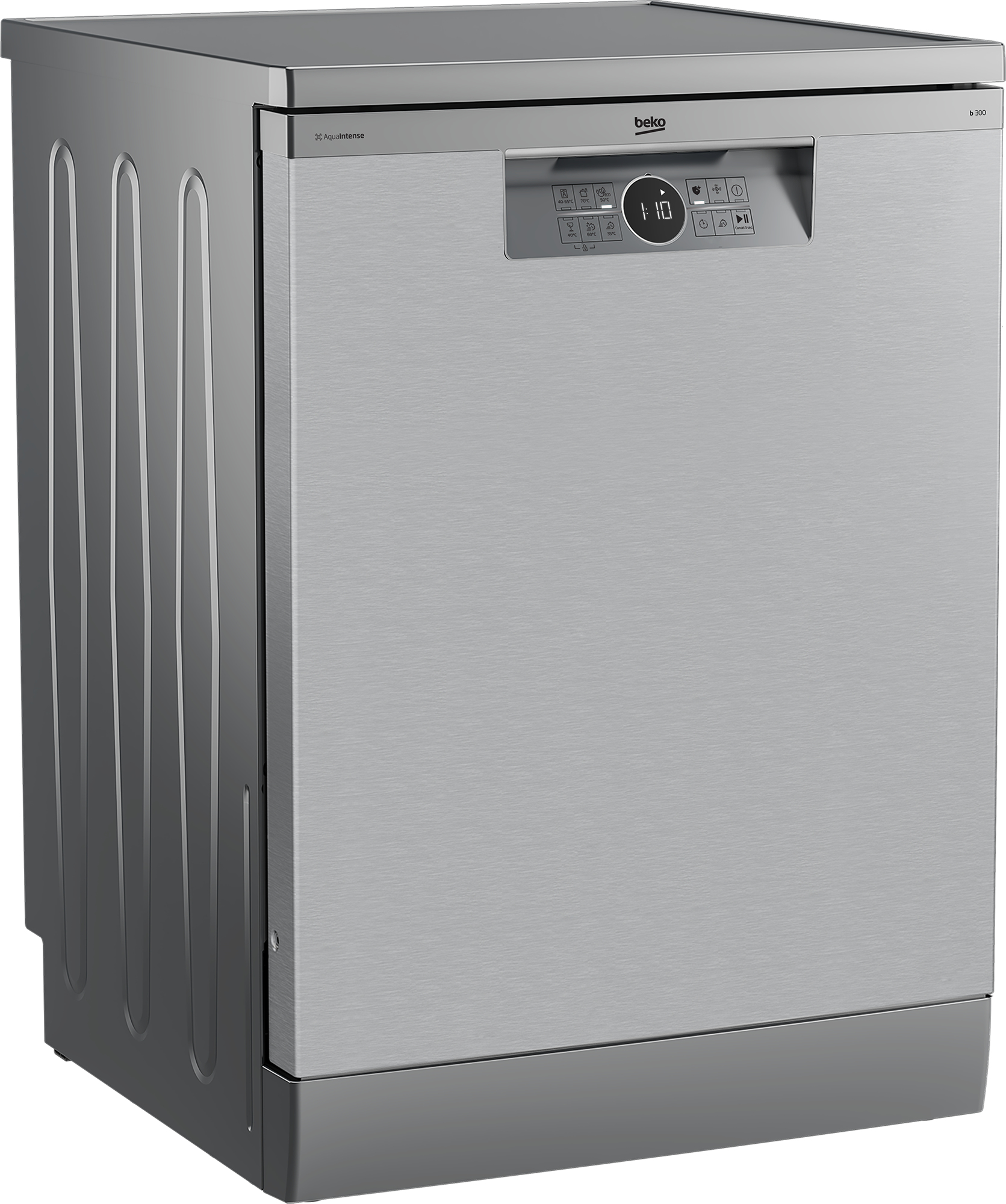 Una lavastoviglie Beko argentata con pannello di controllo. È un elettrodomestico da cucina moderno.