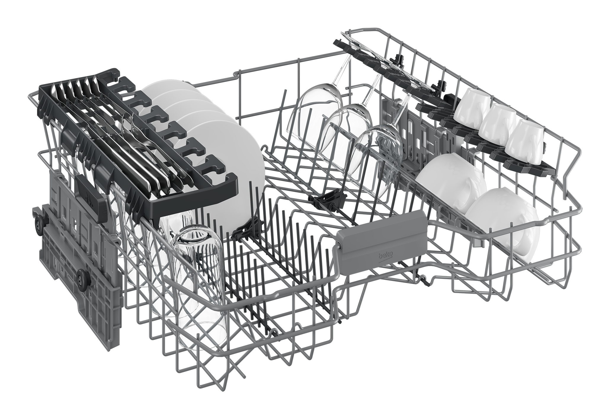 Dishwasher interior with dishes, plates, and glasses. Silverware basket and plates are in the middle.