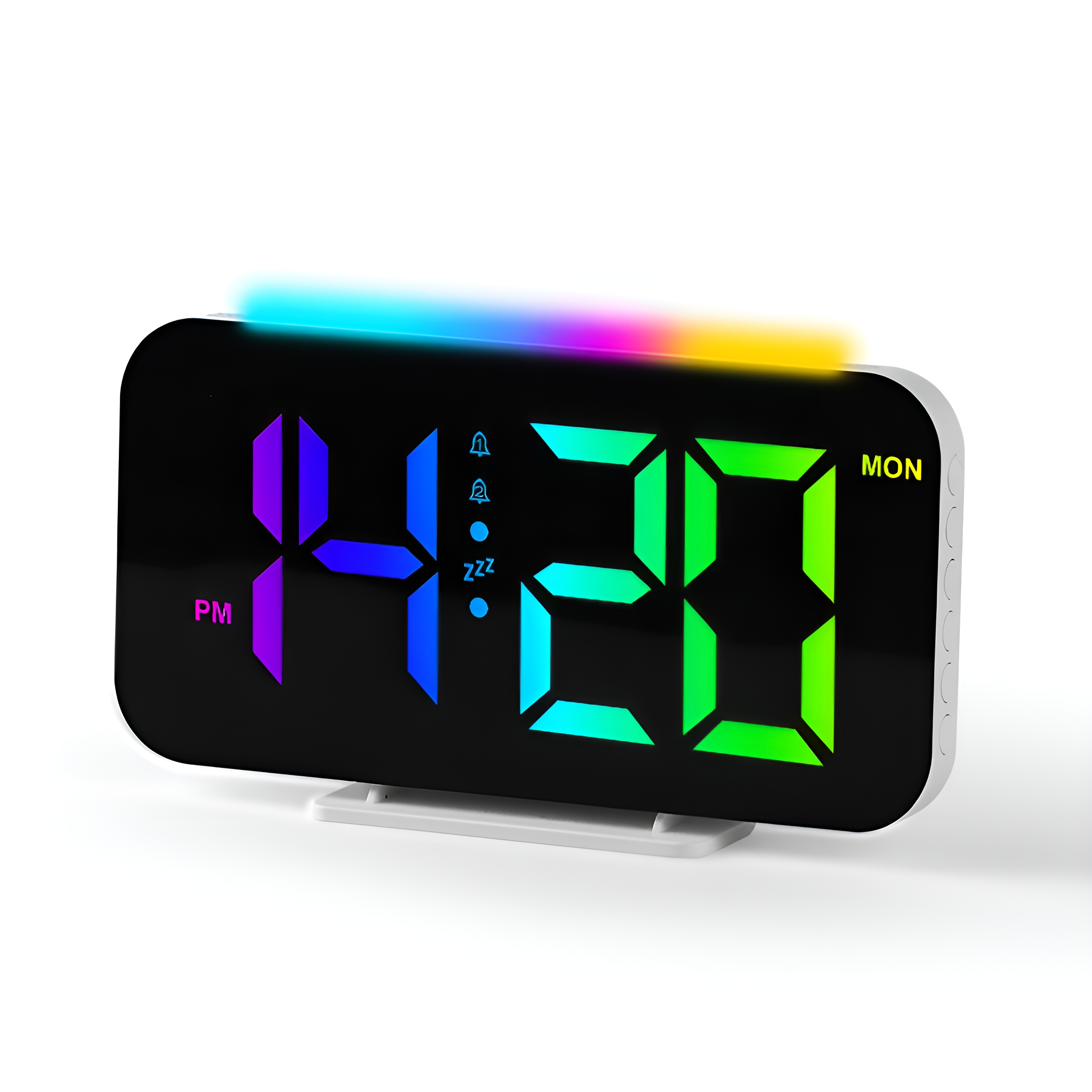 Digitaler Wecker mit Anzeige 4:20 PM in Blau, Grün und Lila mit weißem Sockel.