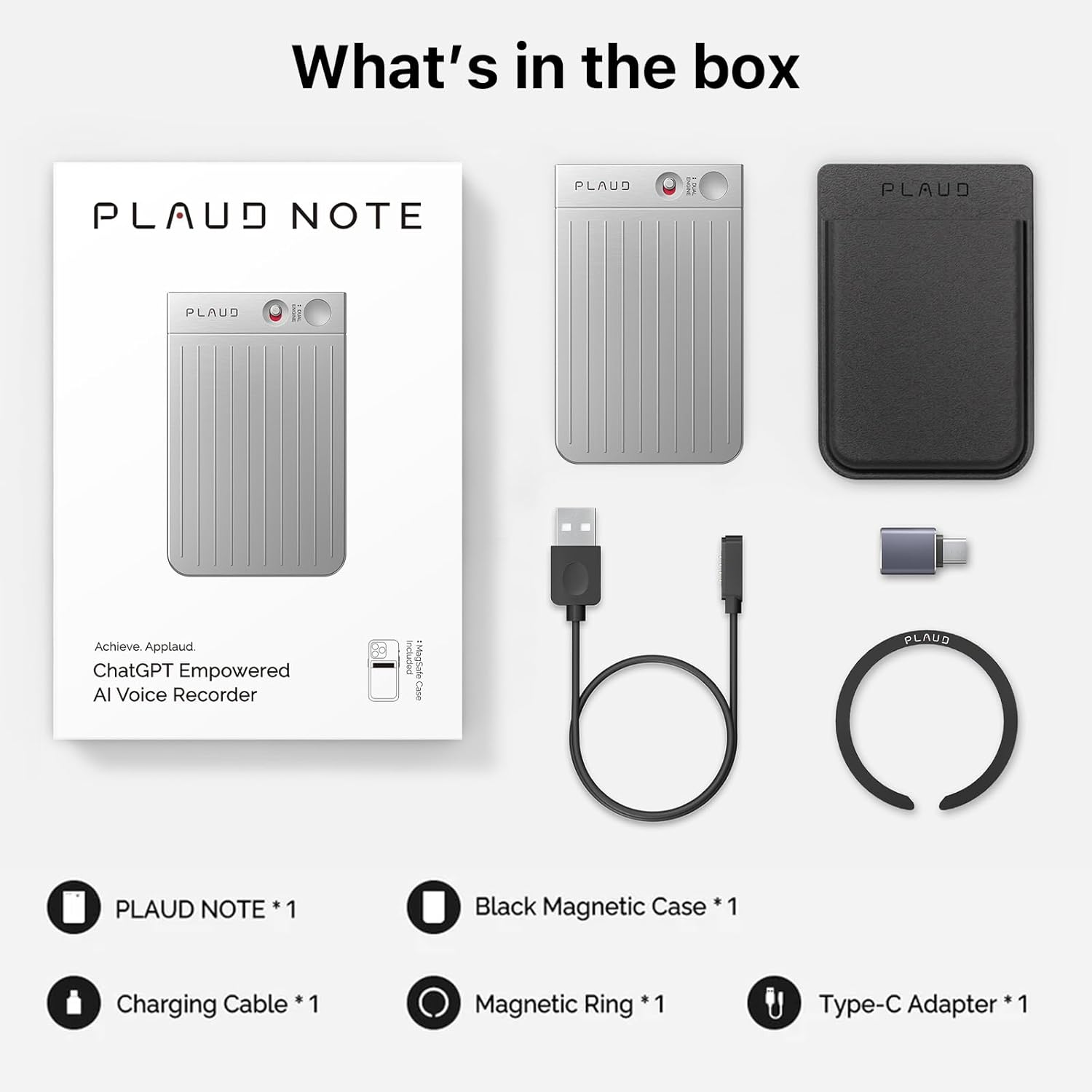 Zawartość pudełka rejestratora głosowego AI Plaud Note: rejestrator, etui, kabel, pierścień i adapter.