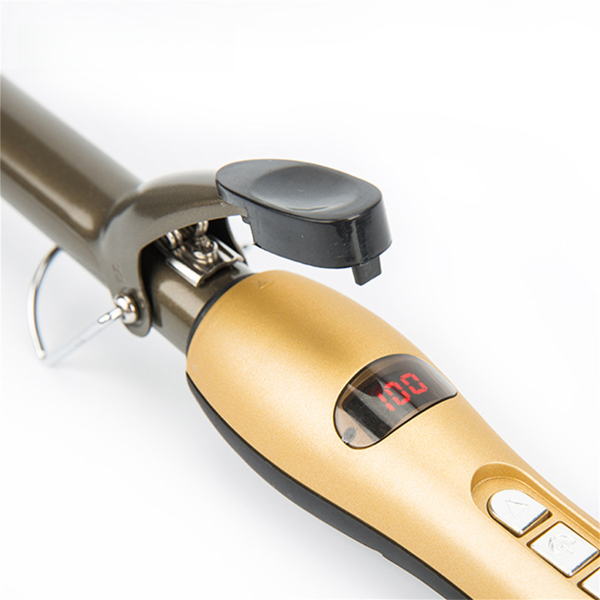 Ein gold-schwarzer Lockenstab mit Digitalanzeige der Temperatur.