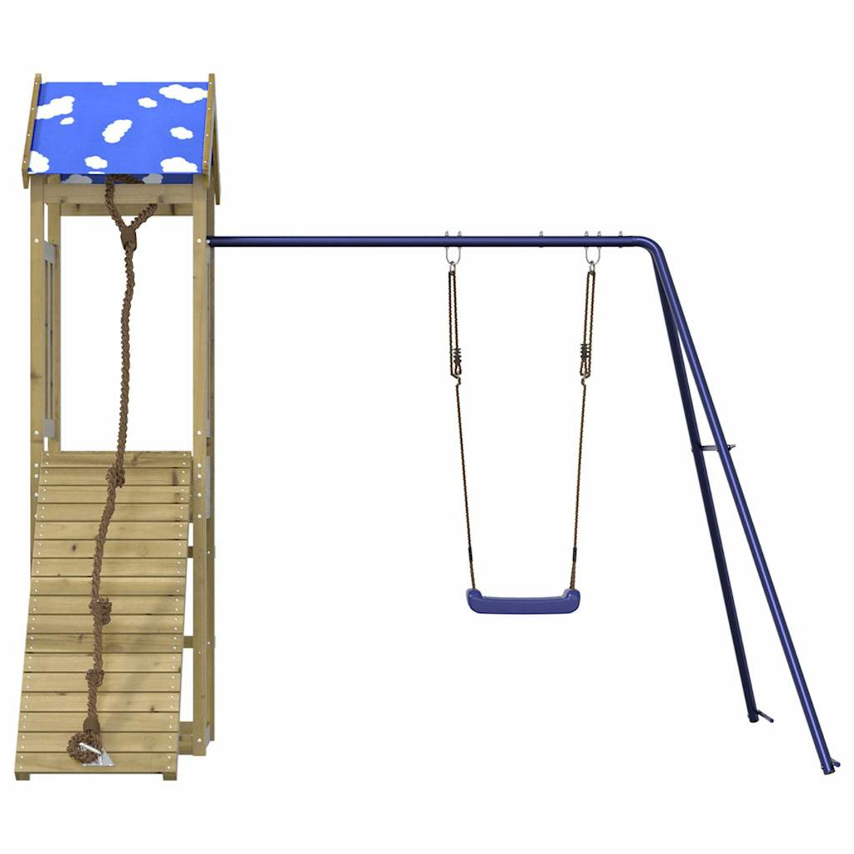 Ein hölzerner Spielplatz mit einer Schaukel und einem Kletterseil. Blauer Himmel mit Wolken im Hintergrund.