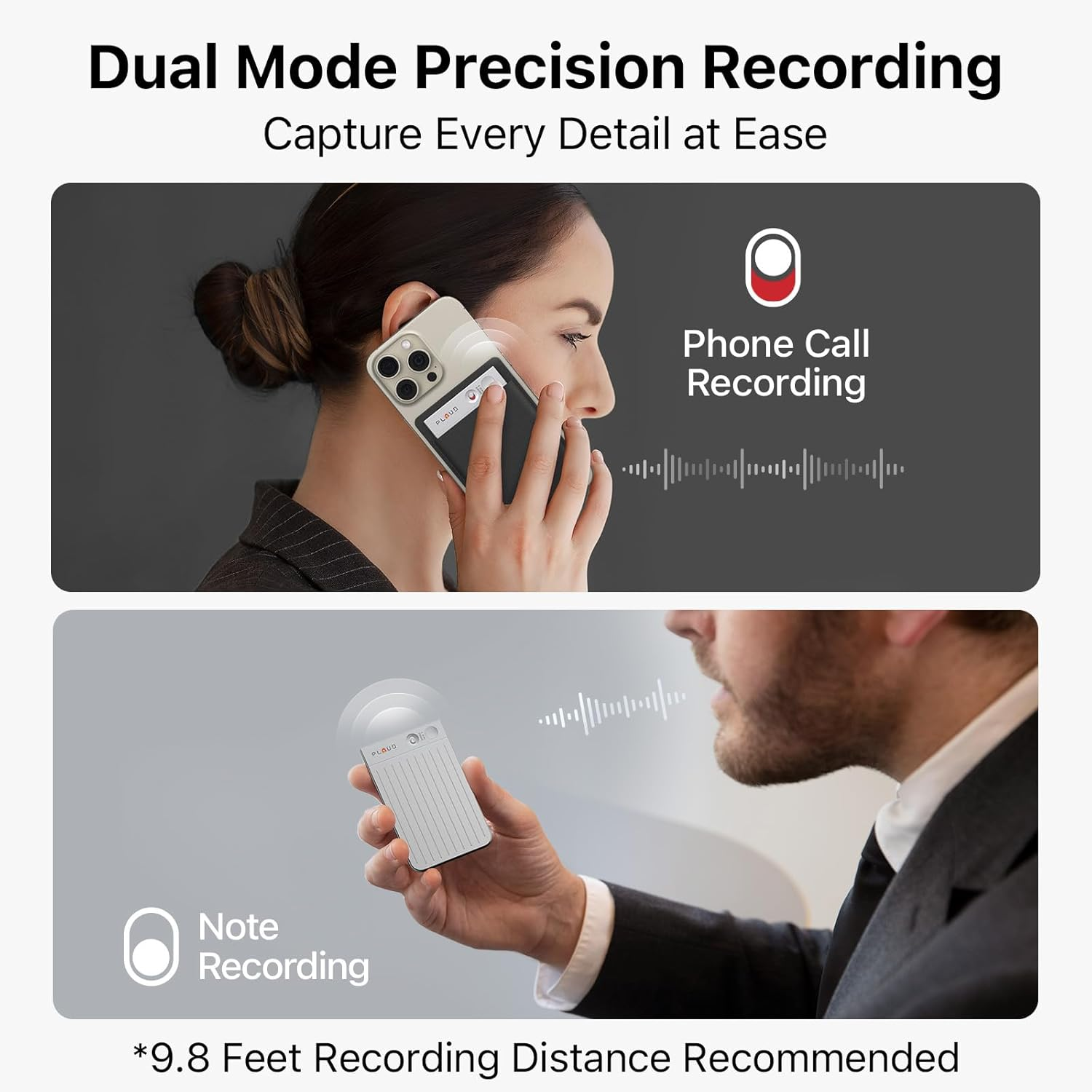 Kobieta nagrywa rozmowę telefoniczną. Mężczyzna nagrywa notatkę za pomocą małego urządzenia.