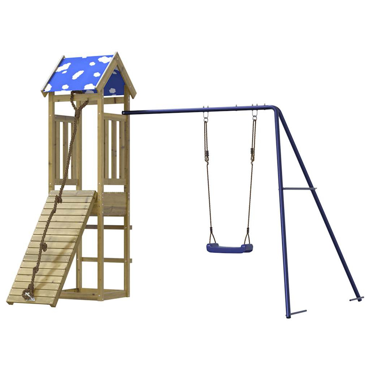 Spielplatz aus Holz mit Rutsche, Kletterwand und Schaukeln, blaues Dach und blaue Schaukel.