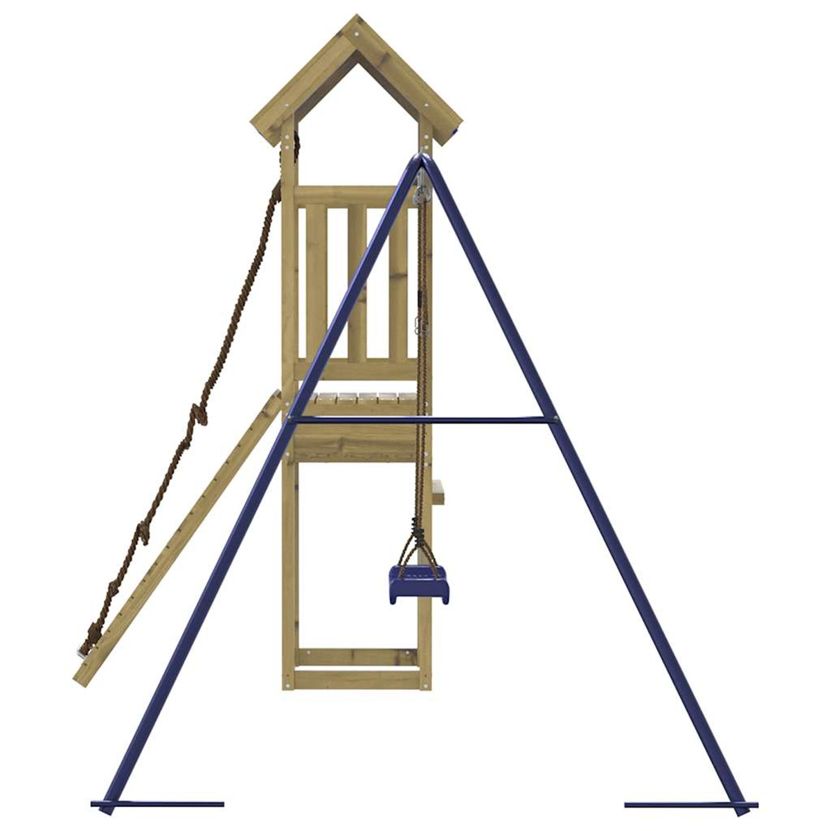 Ein Spielplatz aus Holz mit Schaukel und Strickleiter, vor weißem Hintergrund.