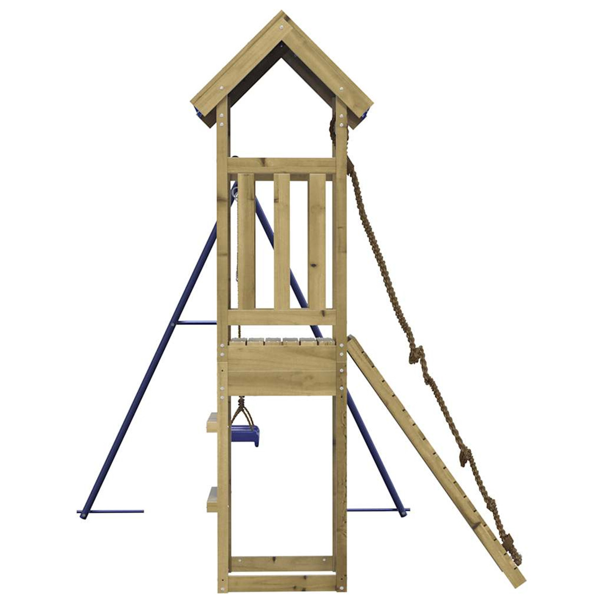 Holzspielplatz mit Leiter, Kletterseil und Schaukel. Blaue Akzente, auf weißem Hintergrund. Seitenansicht.