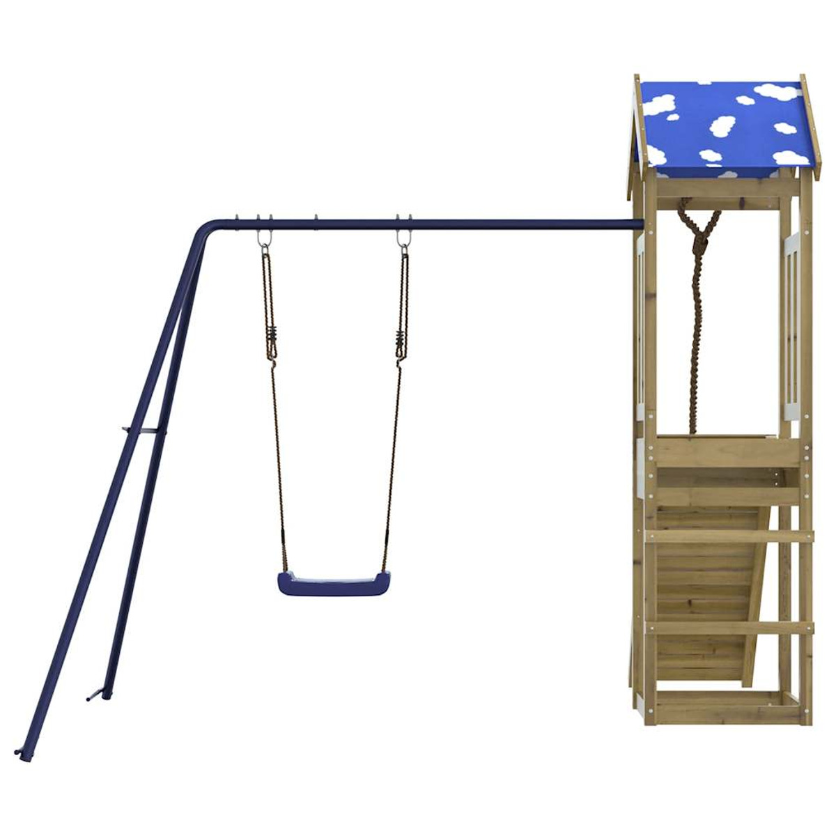 Spielplatz aus Holz mit Schaukel und Klettergerüst. Blaue Akzente und weißer Hintergrund.
