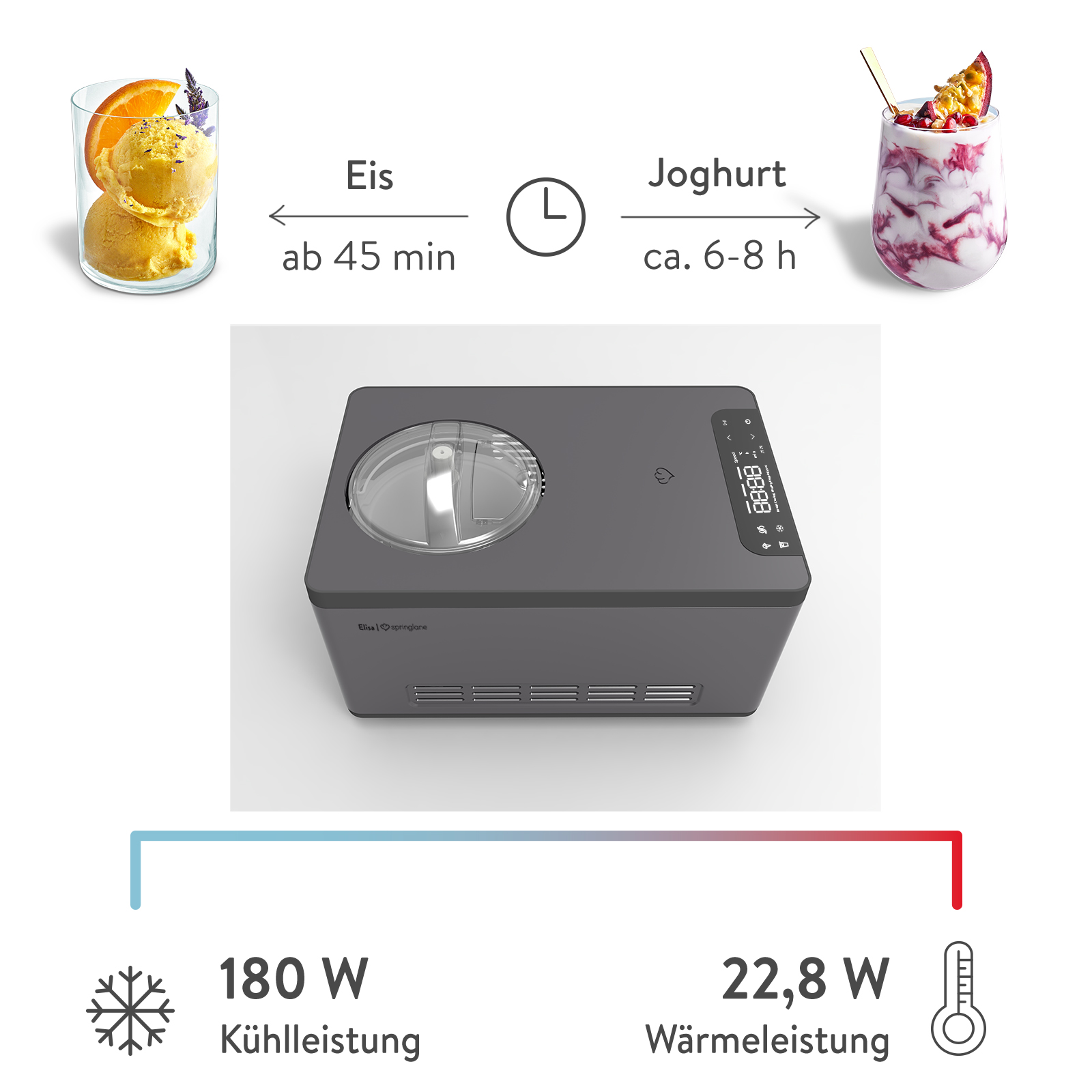 Eis und Joghurt werden mit einer Eismaschine hergestellt. Temperatur und Leistung.