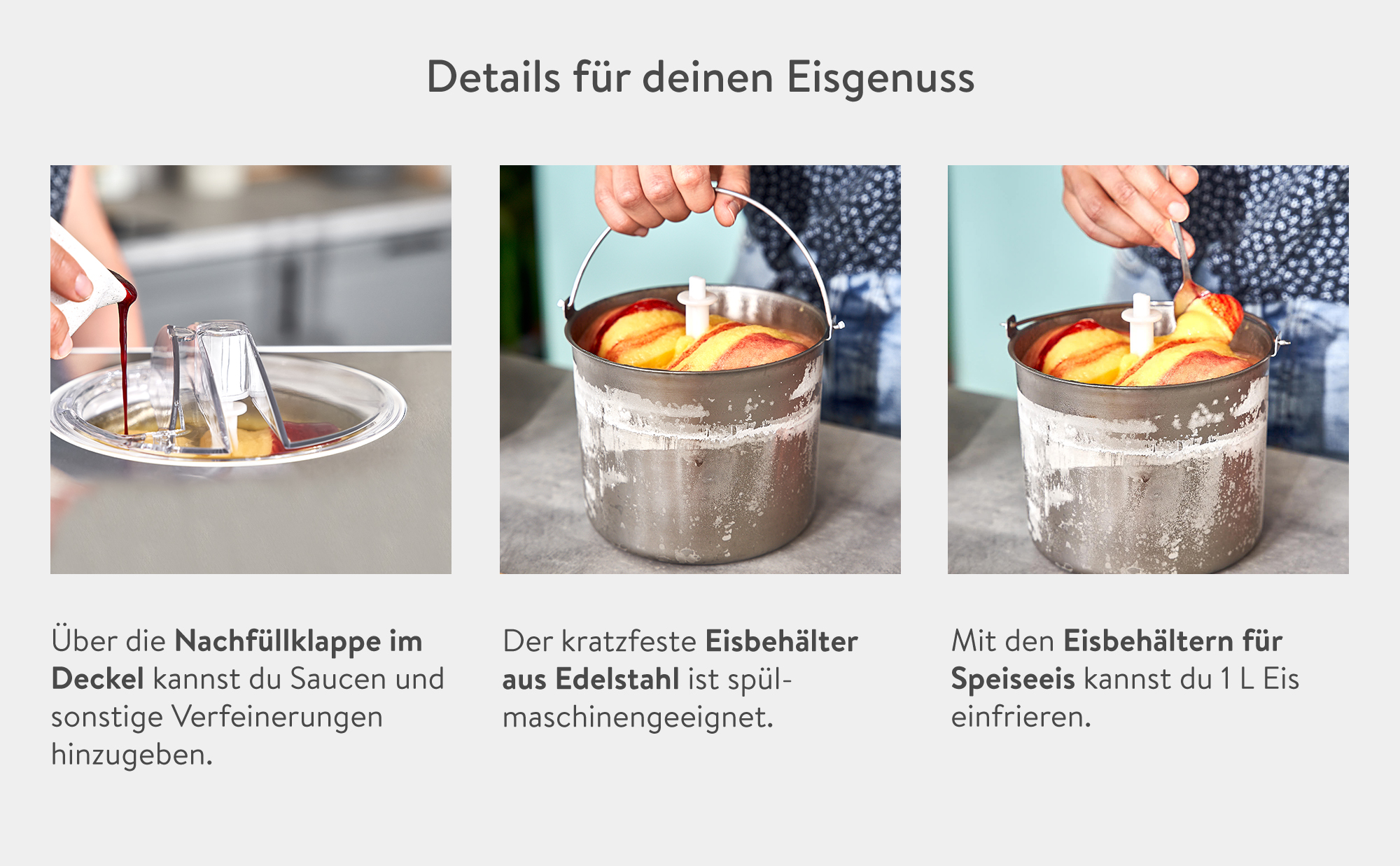Drei Bilder, die Schritte zur Herstellung von Eiscreme zeigen.
