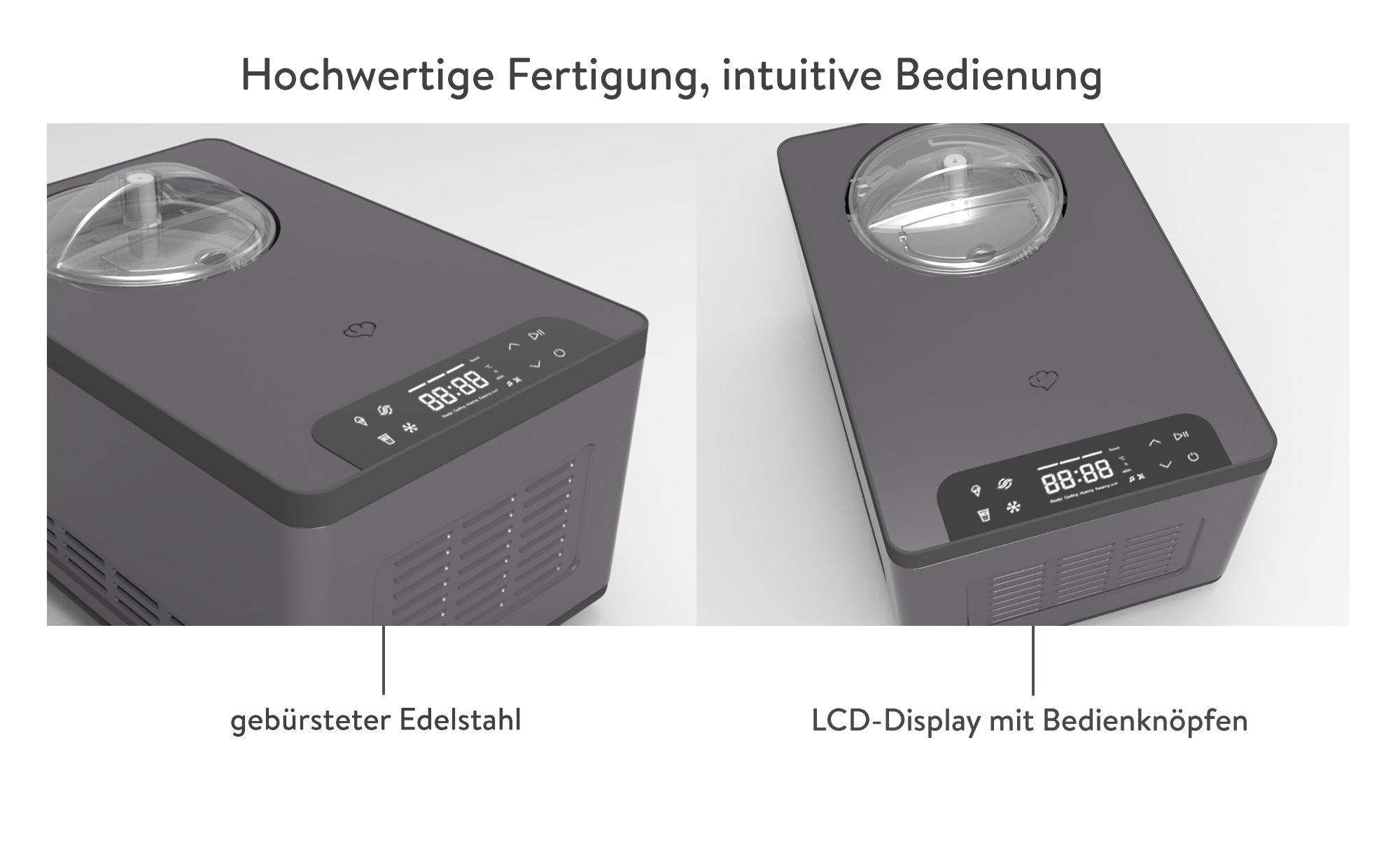 Zwei Eismaschinen mit deutschem Text: 'Hochwertige Fertigung, intuitive Bedienung'.