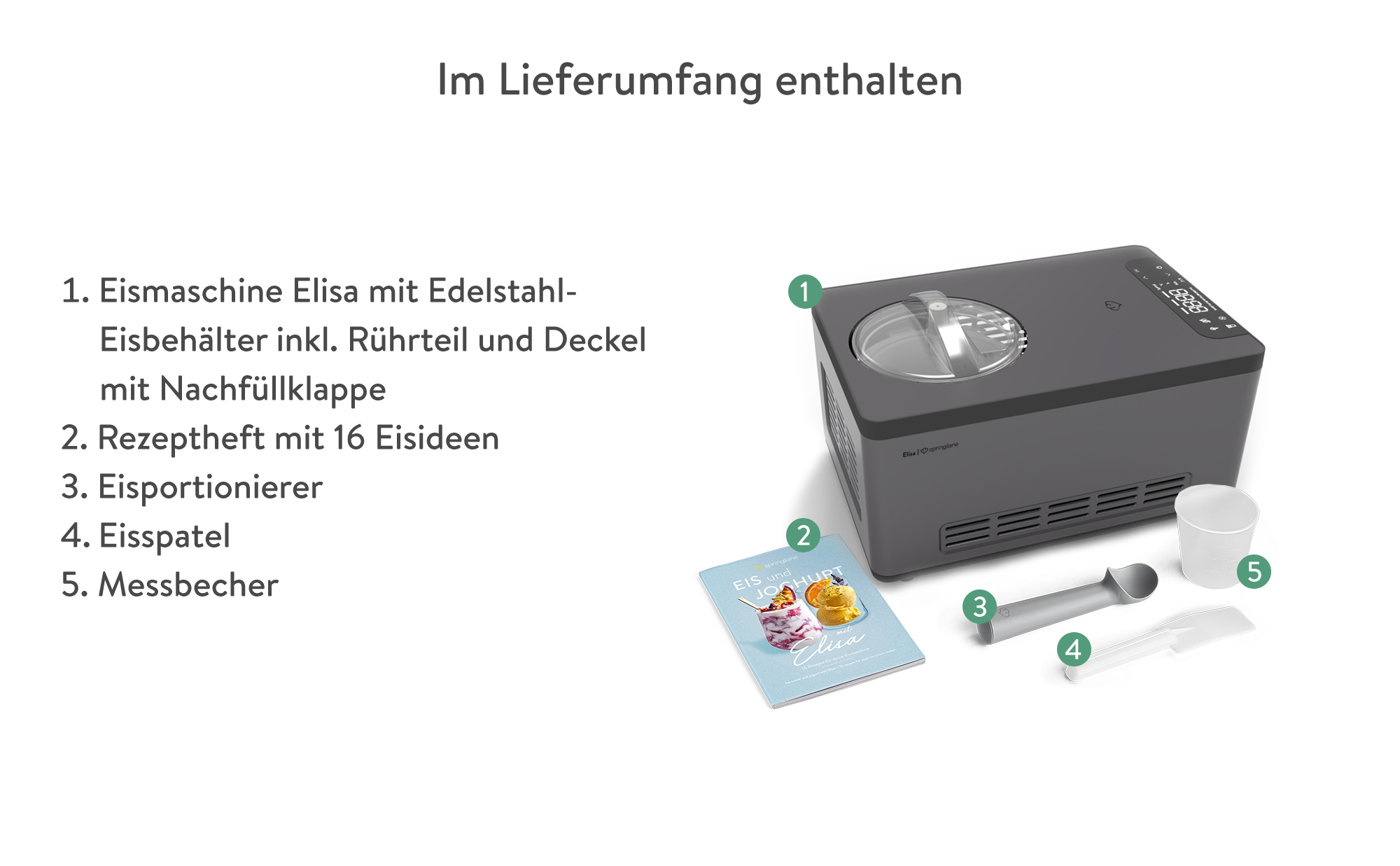 Eine Eismaschine mit Zubehör, darunter ein Löffel und ein Messbecher.