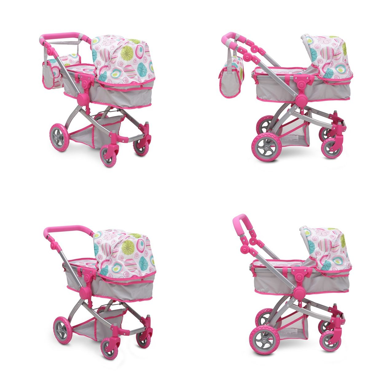 Vier Bilder eines rosa-grauen Puppenwagens mit floralem Muster. Der Kinderwagen wird aus verschiedenen Winkeln gezeigt.