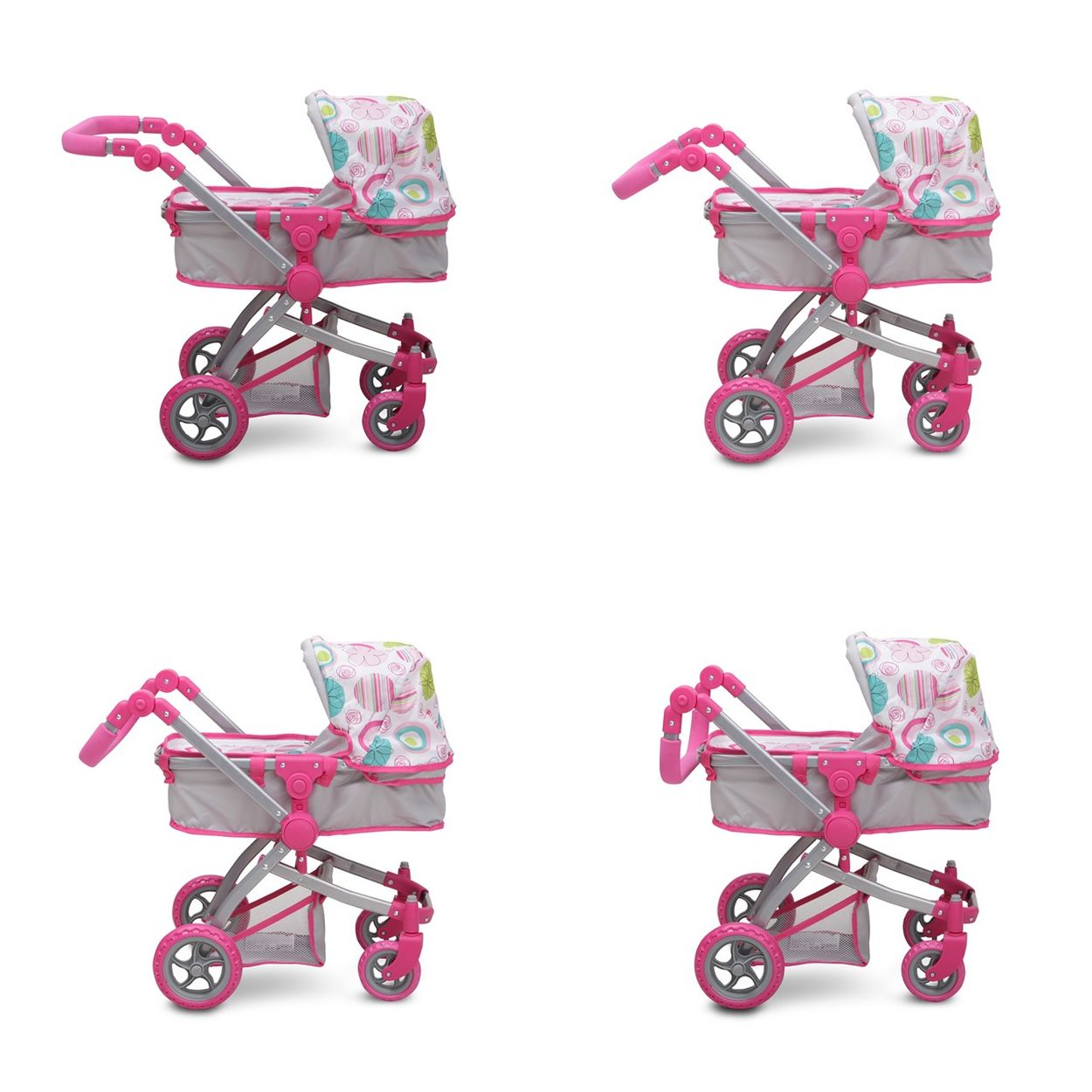 Vier Puppenwagen in verschiedenen Ansichten, alle mit rosa Akzenten.