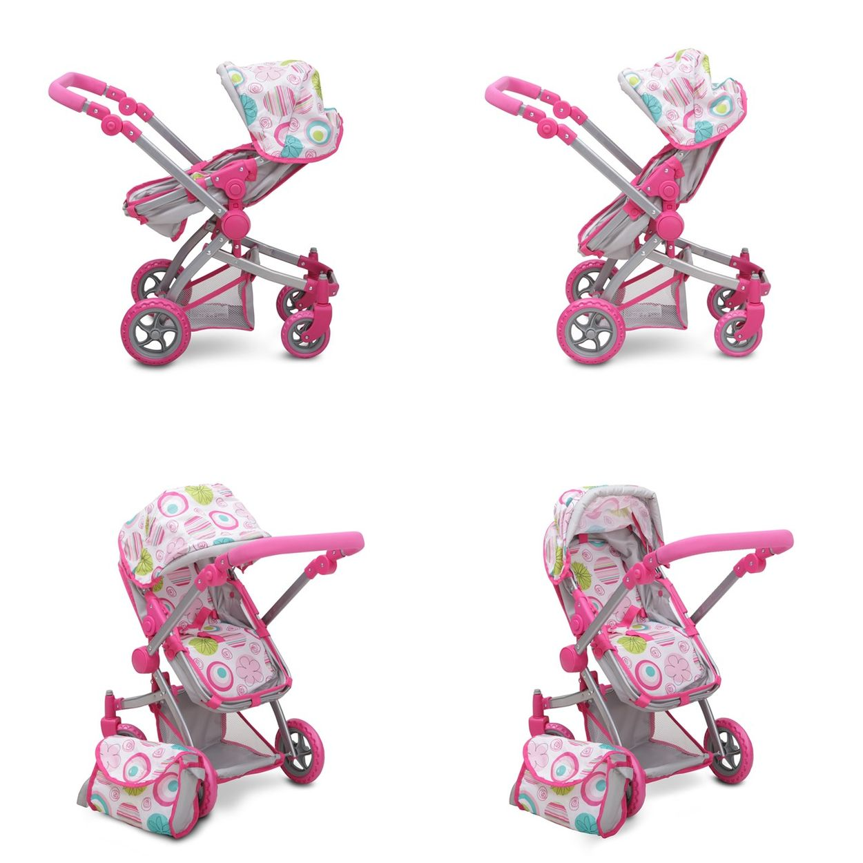 Vier Puppenwagen in verschiedenen Positionen, rosa und weiß mit Tasche. Weißer Hintergrund.