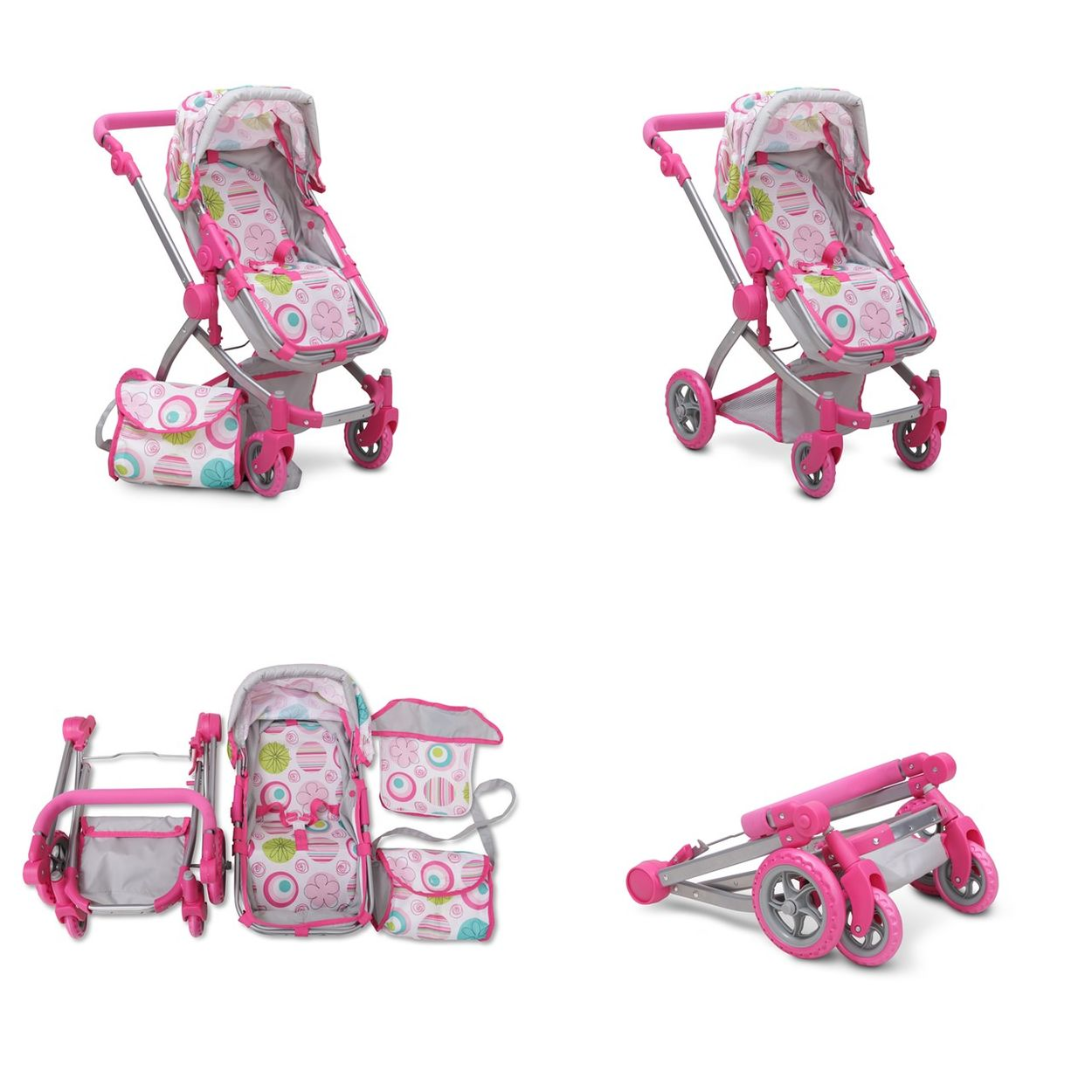 Rosa Puppenwagen mit passender Tasche, verschiedene Ansichten, gefaltet.