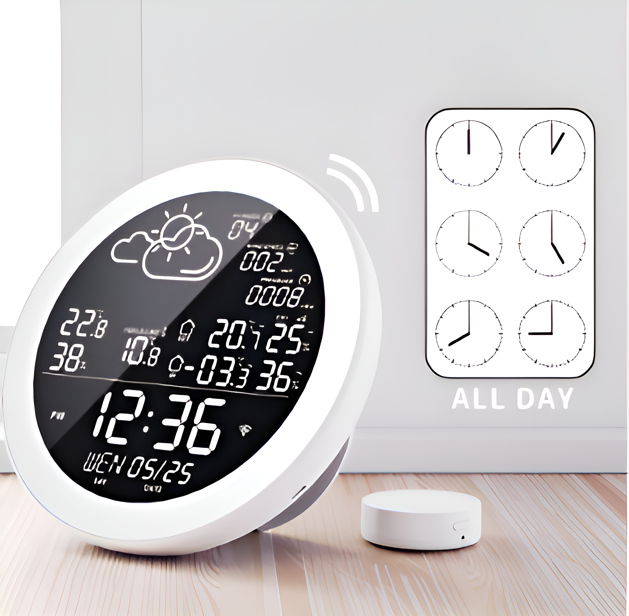 Digitaluhr mit Wetterinformationen. Zeigt Zeit, Datum und Temperatur an. Zusätzliche Zifferblätter rechts.