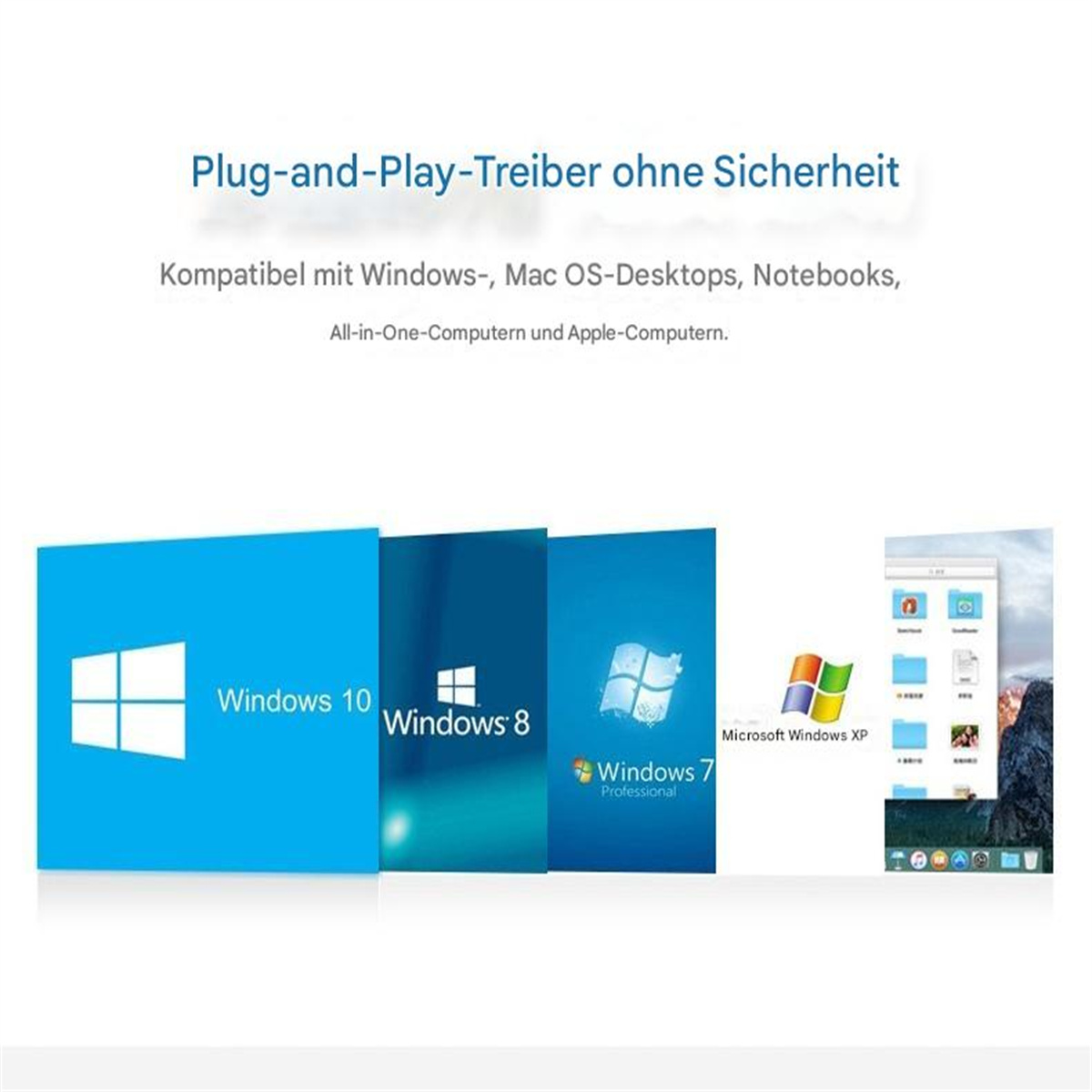 Eine Grafik, die die Kompatibilität mit Windows, Mac OS und Apple-Computern zeigt, mit verschiedenen Windows-Logos.