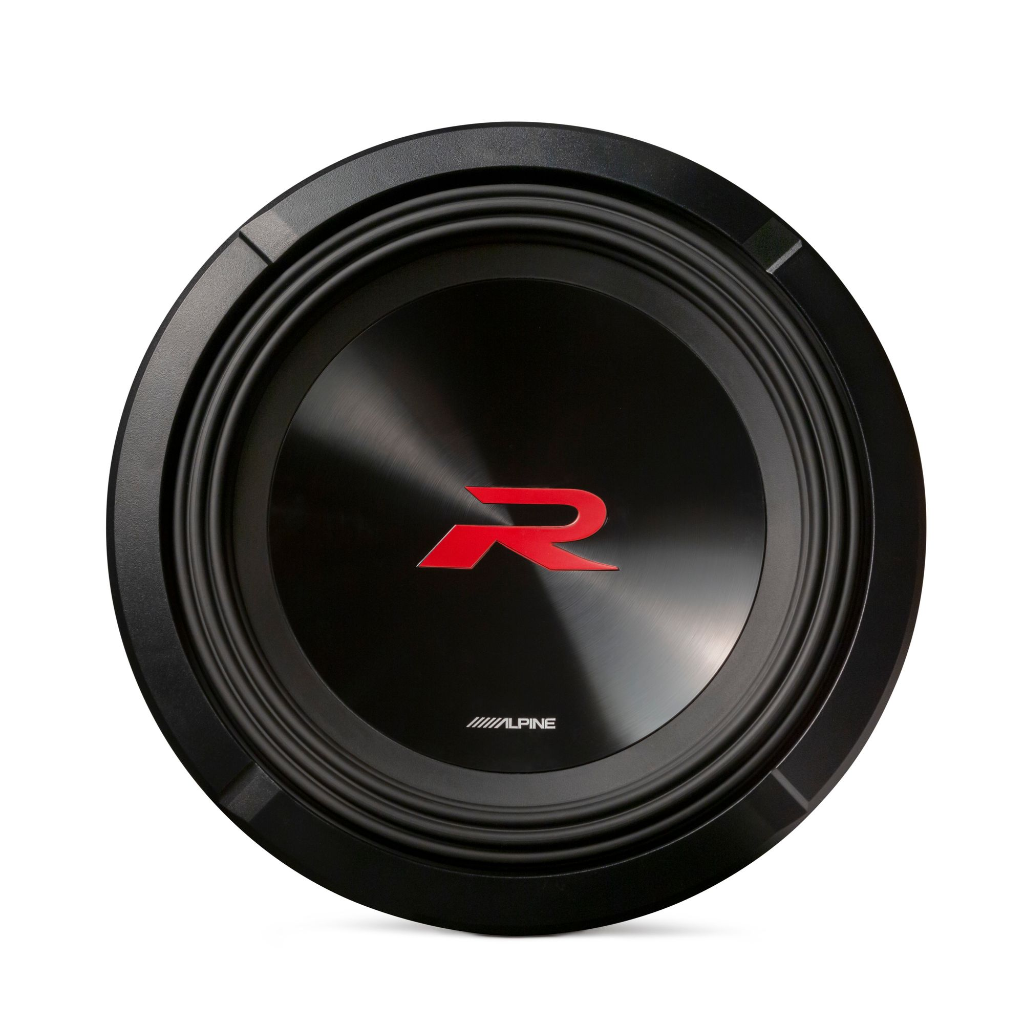 Ein schwarzer Subwoofer mit rotem Alpine-Logo.