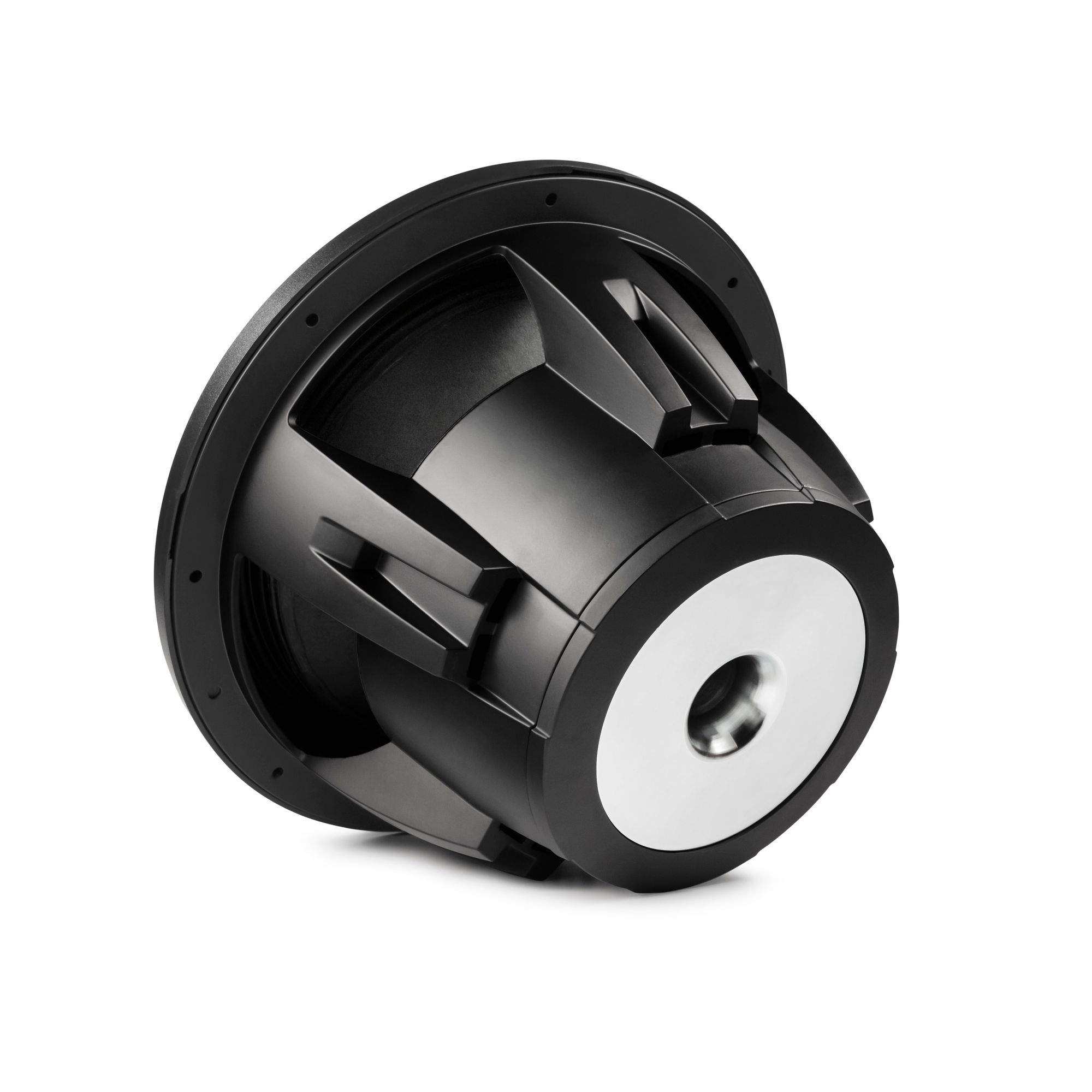 Ein schwarzer Subwoofer mit silbernem Mittelkonus, isoliert auf weißem Hintergrund.