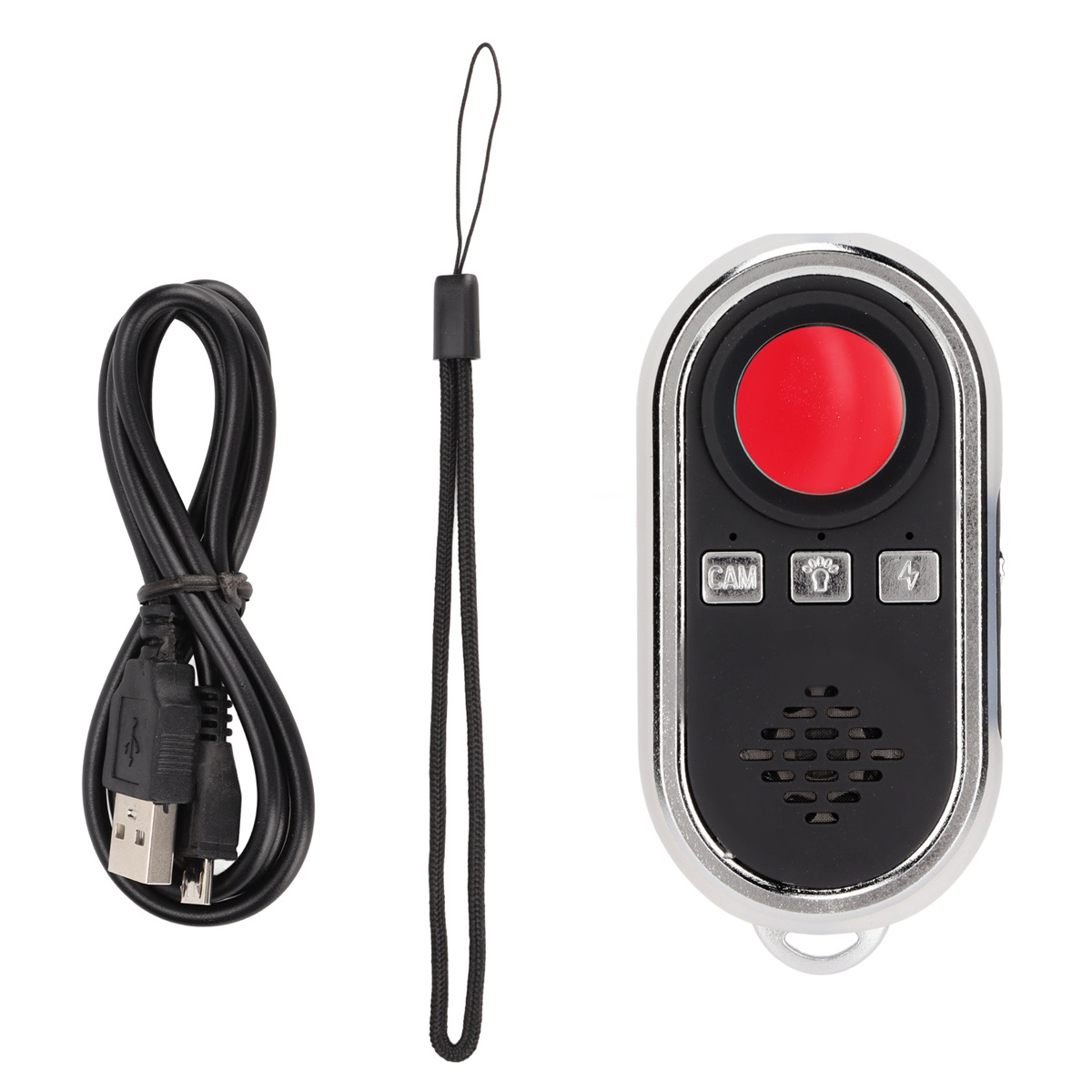 Ein schwarzes Gerät mit rotem Knopf, USB-Kabel und Lanyard.