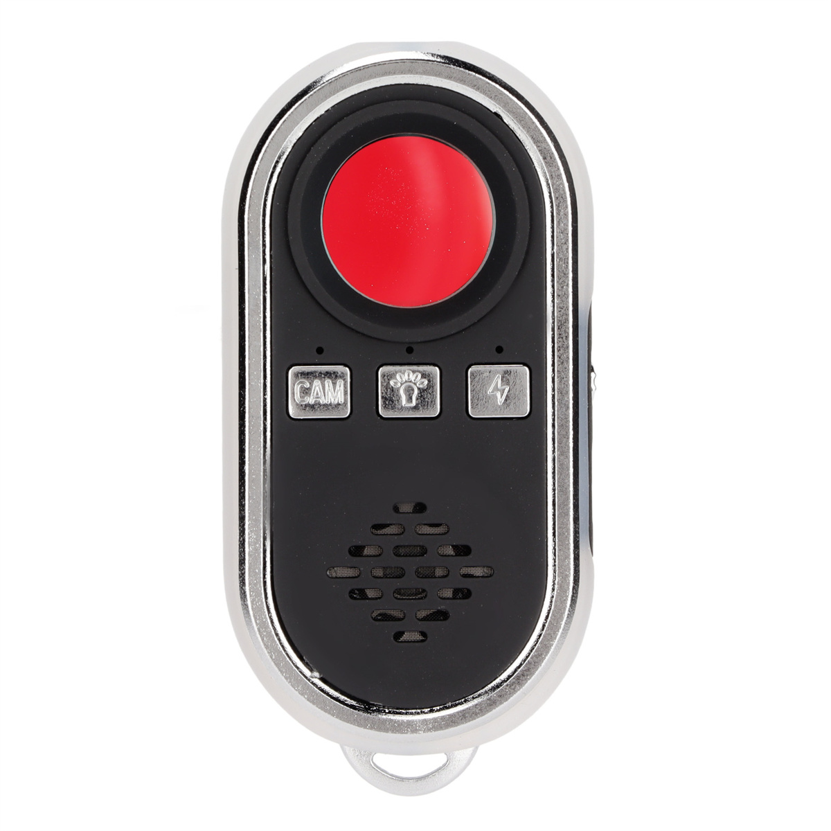 Ein silbernes und schwarzes Anti-Spionage-Gerät mit rotem Licht. Es hat Knöpfe und einen Lautsprecher.