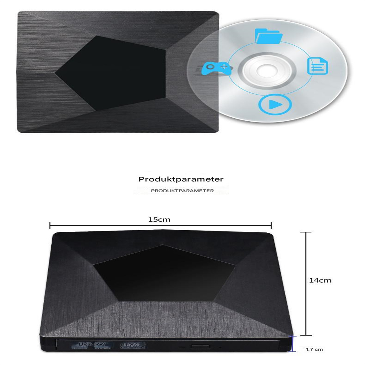 Ein schwarzer DVD-Player mit CD und Abmessungen. Die CD hat Spiel- und Datei-Symbole.