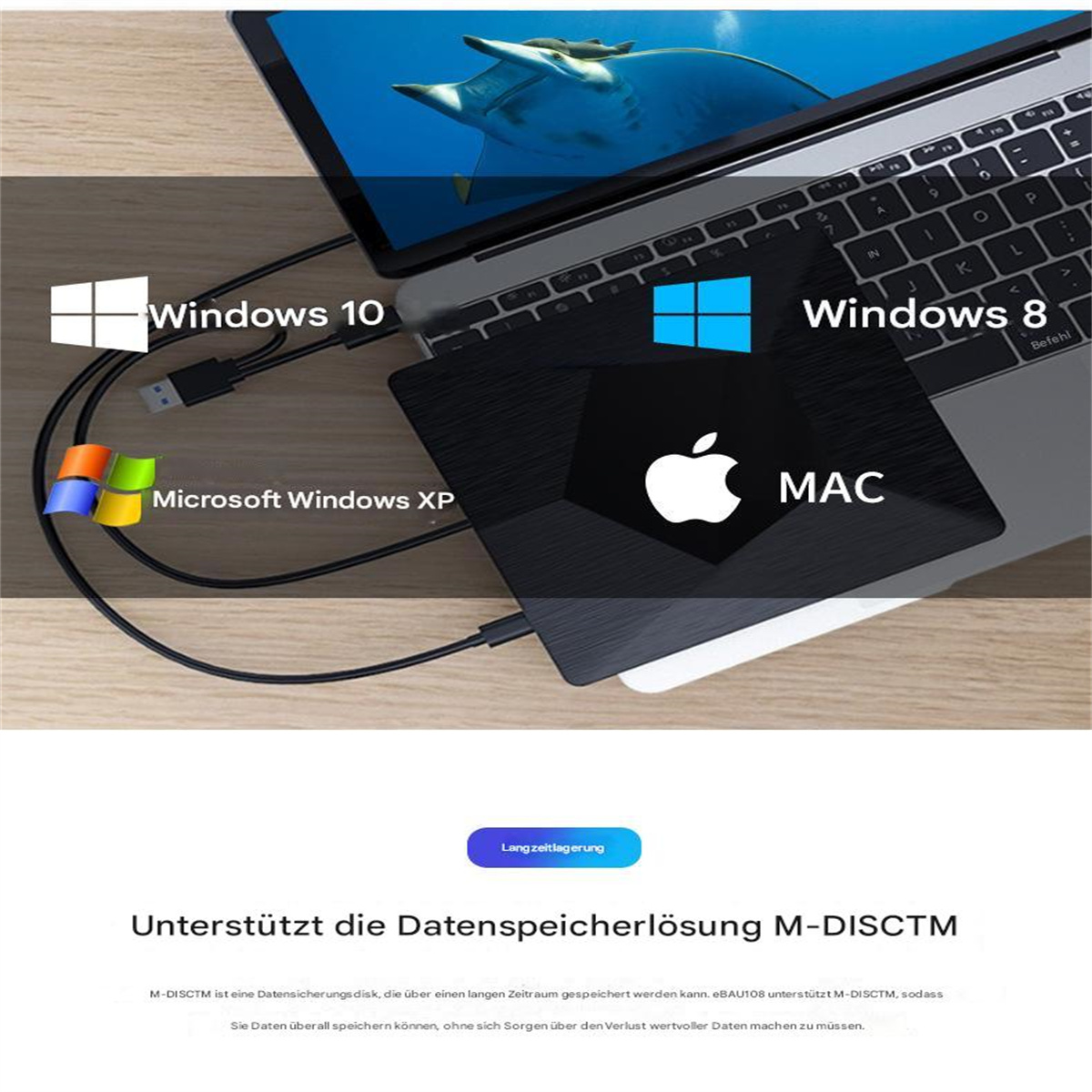 Computerzubehör mit Windows- und Mac-Logos und Kabeln.