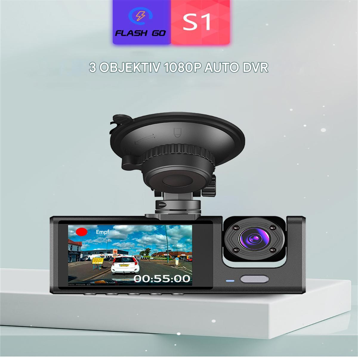 Eine Auto-Dashcam mit einem Bildschirm, der eine Straße zeigt. Sie hat einen Saugnapf. Die Aufschriften lauten 'Flash Go' und 'S1'.