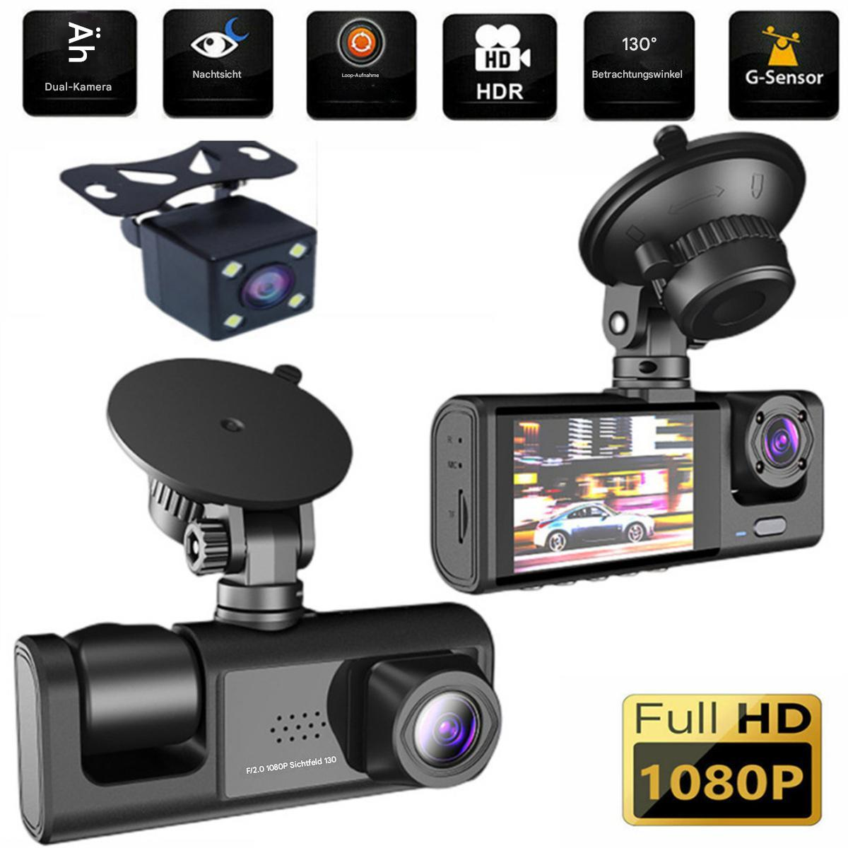 Armaturenbrettkameras mit mehreren Symbolen. Eine hat einen Bildschirm, der ein Auto zeigt. Der Text 'Full HD 1080P' ist sichtbar.