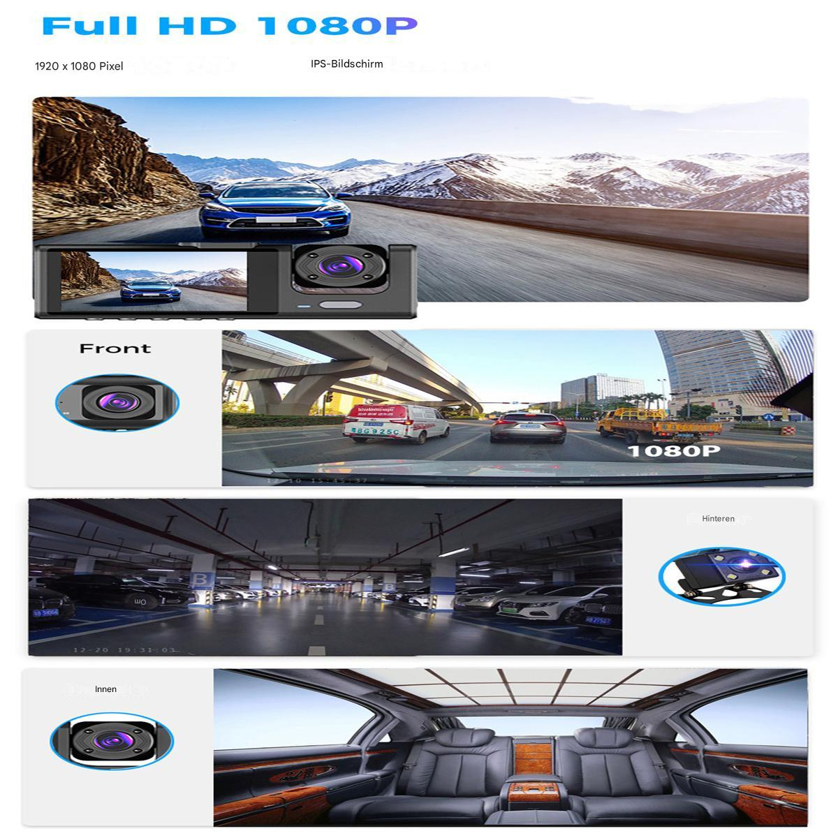 Eine Dashcam mit mehreren Ansichten: vorne, Straße, Parkgarage und Innenraumansicht. Zeigt Full HD 1080P.