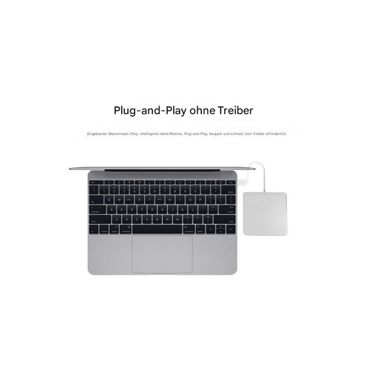 Laptop mit Text "Plug-and-Play ohne Treiber" und einem grauen Gerät.