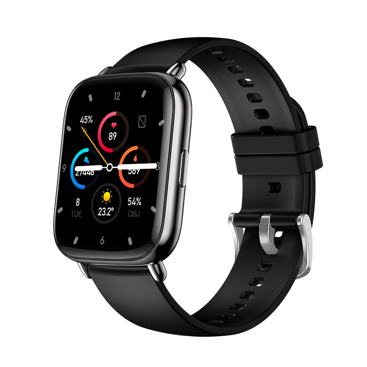 Eine schwarze Smartwatch mit schwarzem Armband, die eine digitale Oberfläche mit Daten zeigt.