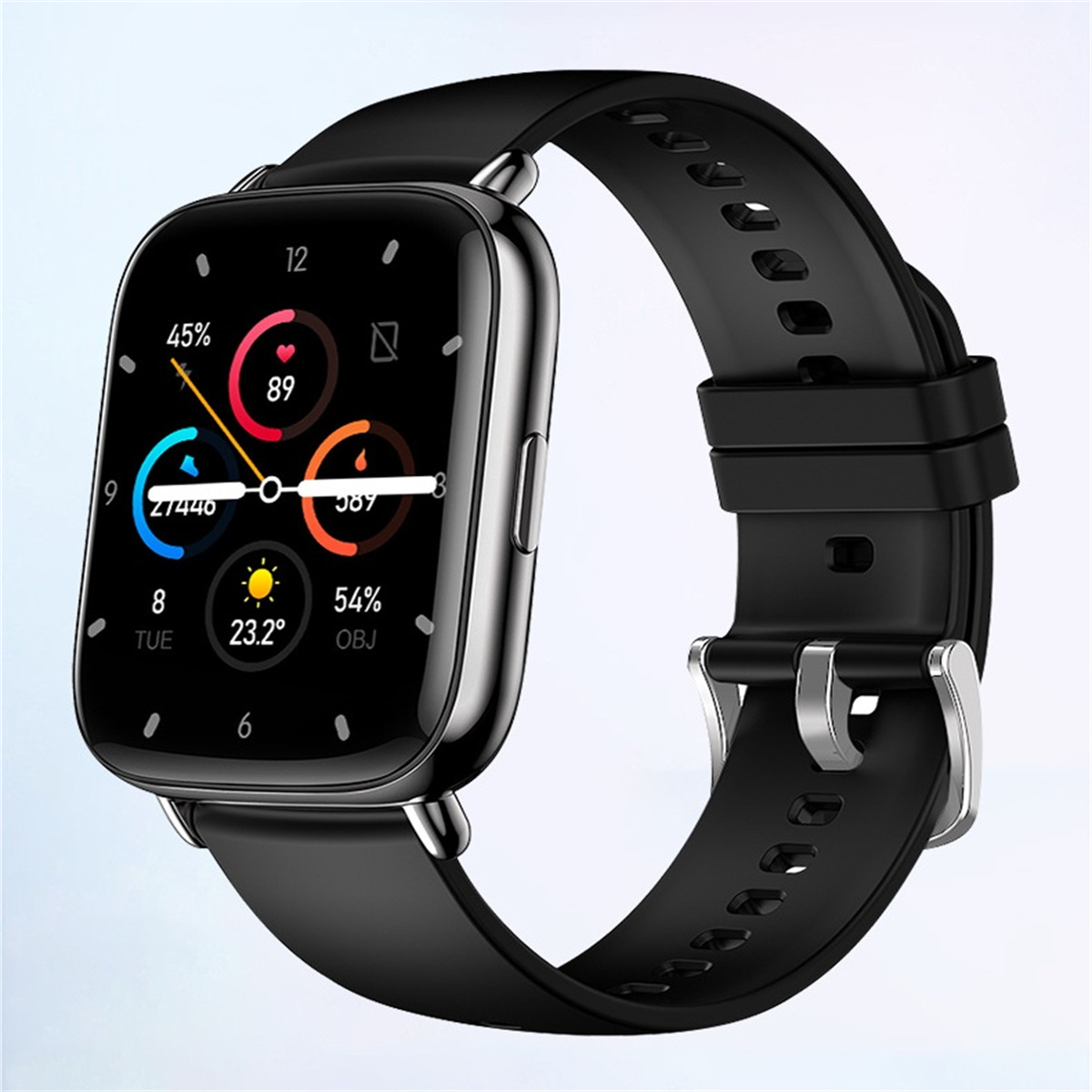 Schwarze Smartwatch mit quadratischem Zifferblatt. Zeigt Zeit, Schritte und andere Metriken.