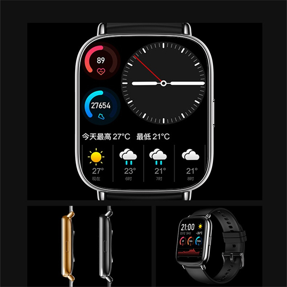 Smartwatch mit Wetterdetails, zusätzliche Ansichten der Uhr.