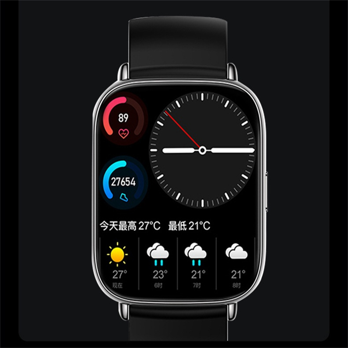 Schwarze Smartwatch, die Zeit, Gesundheitsstatistiken und Wetterinformationen anzeigt, auf schwarzem Band.