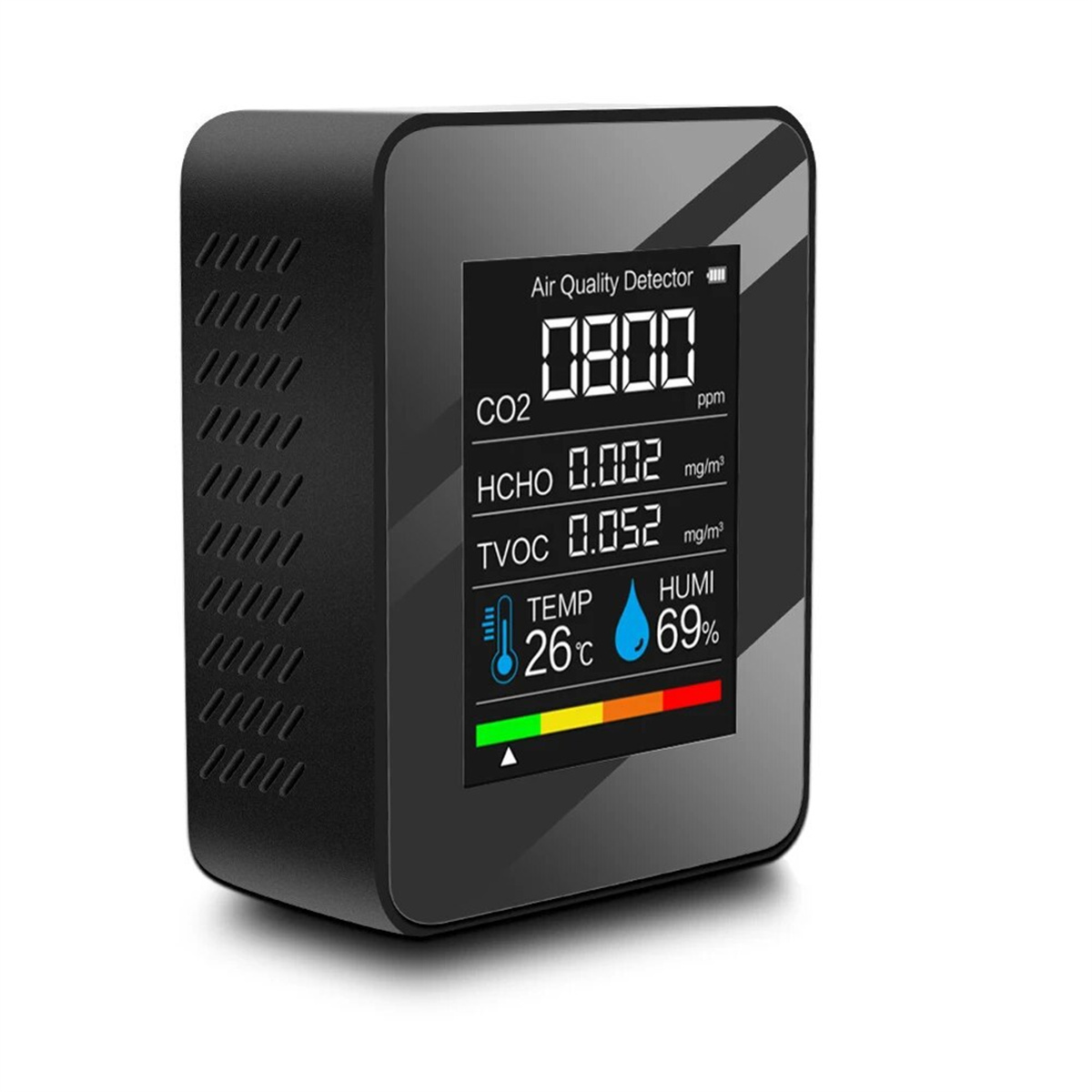 Schwarzes Luftqualitätsmessgerät mit Anzeigen. CO2, HCHO, TVOC, TEMP und HUMI sind sichtbar.