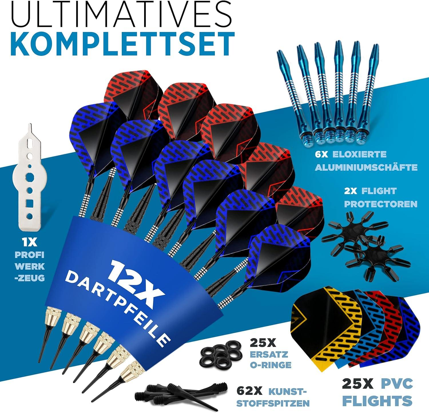 Ein komplettes Dart-Set mit mehreren Darts und Zubehör.