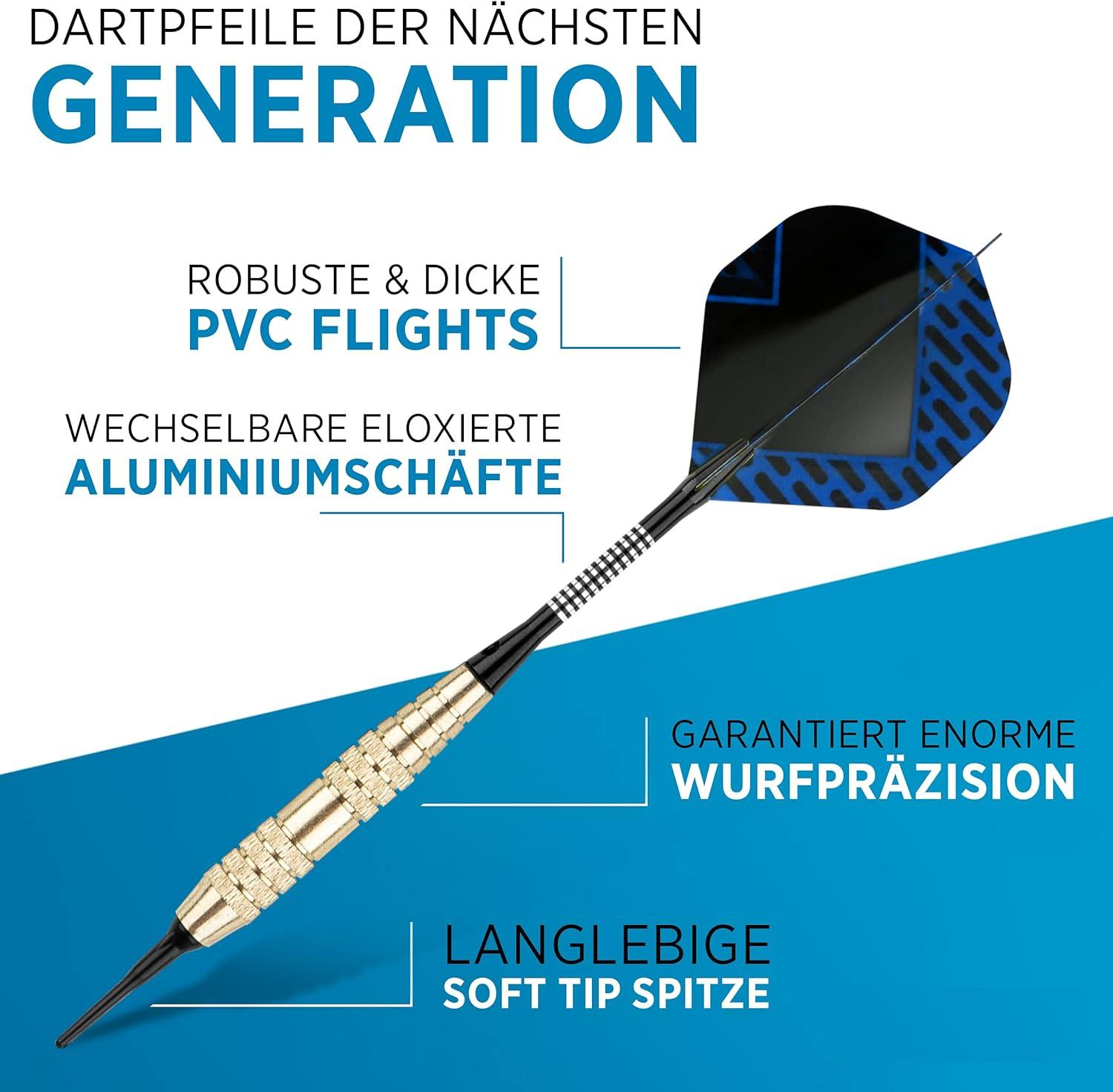 Dartpfeil mit goldenem Griff, schwarzen Flights und Text über die Generation.