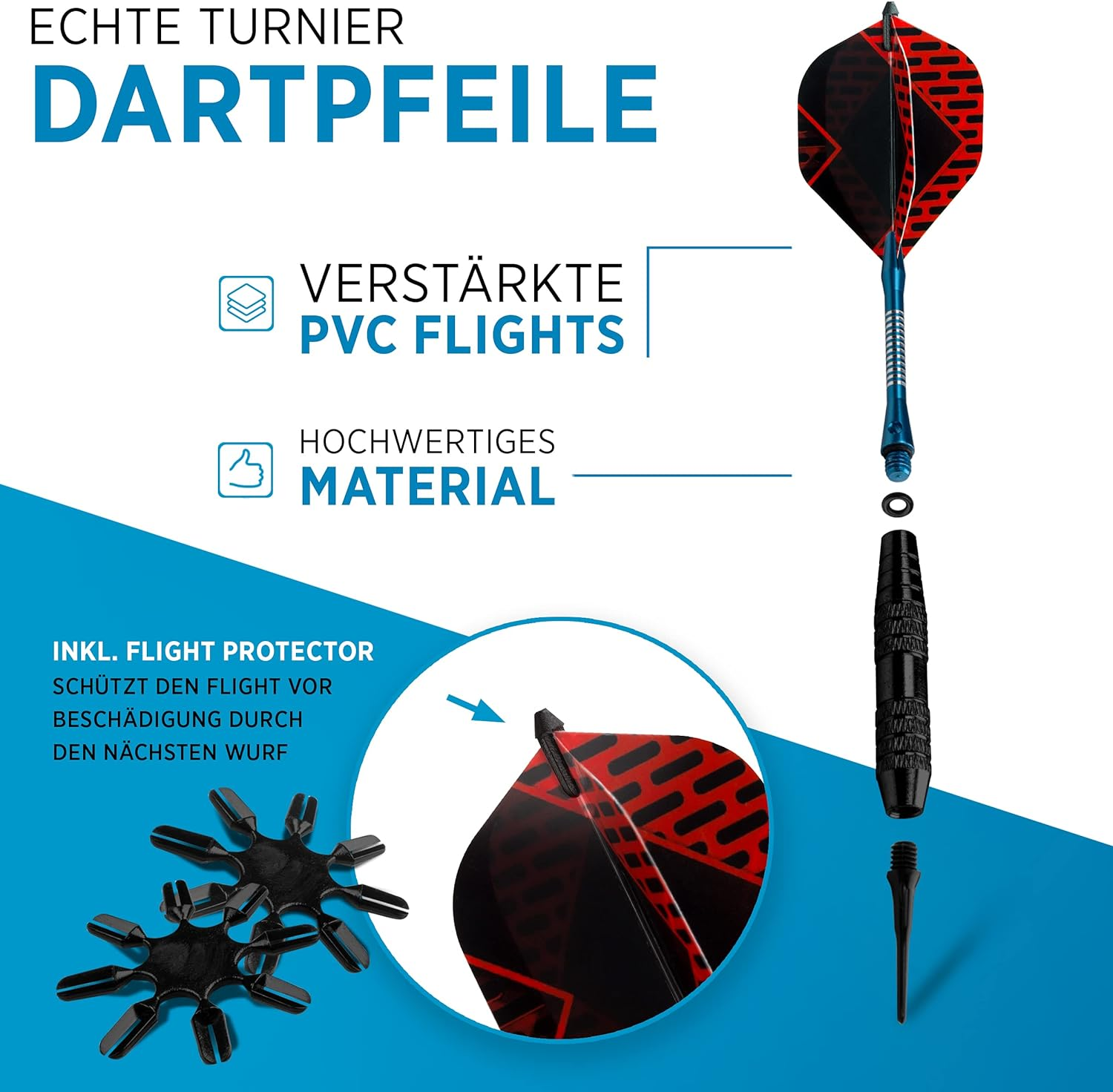 Darts mit roten und schwarzen Flights und die zerlegten Komponenten.