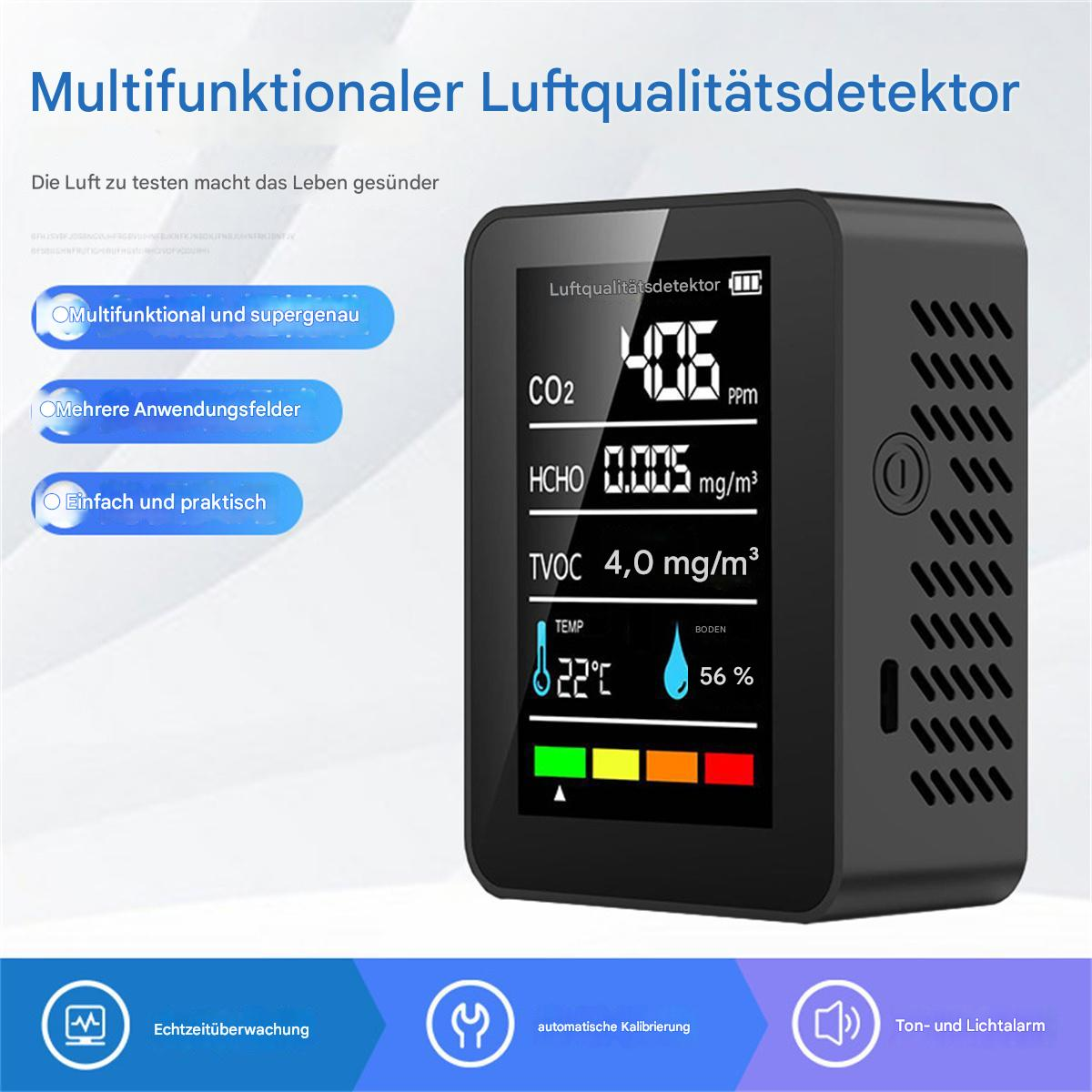 Ein schwarzes Luftqualitätsmessgerät mit Display, das CO2, HCHO, TVOC, Temp und Luftfeuchtigkeit anzeigt.