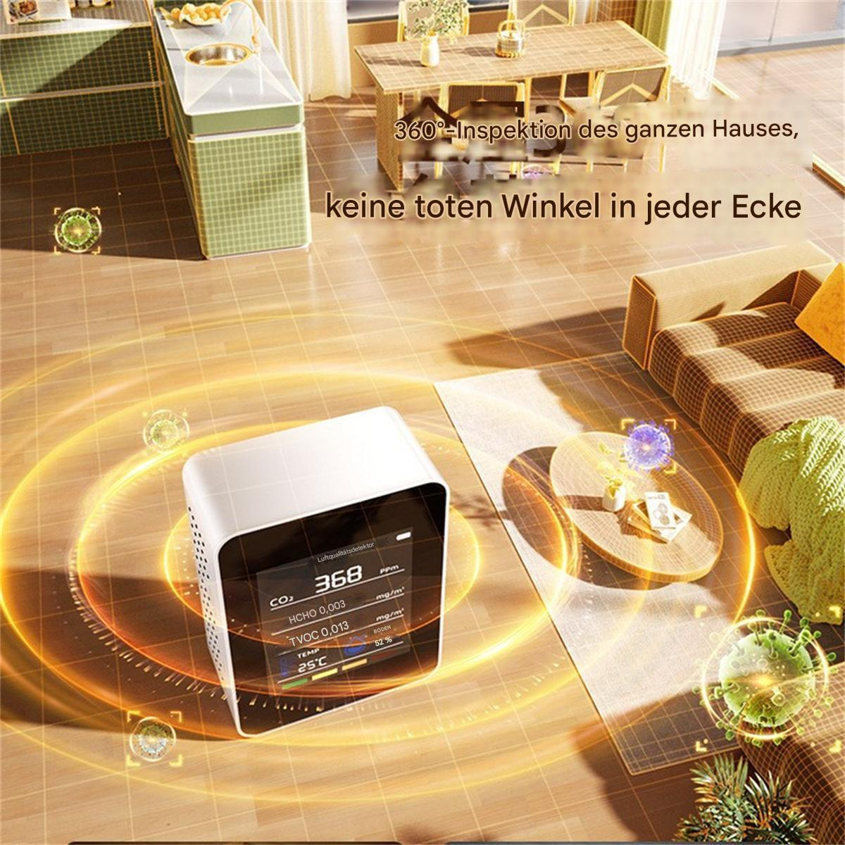 Ein weißes Luftqualitätsüberwachungsgerät in einer modernen Küche.