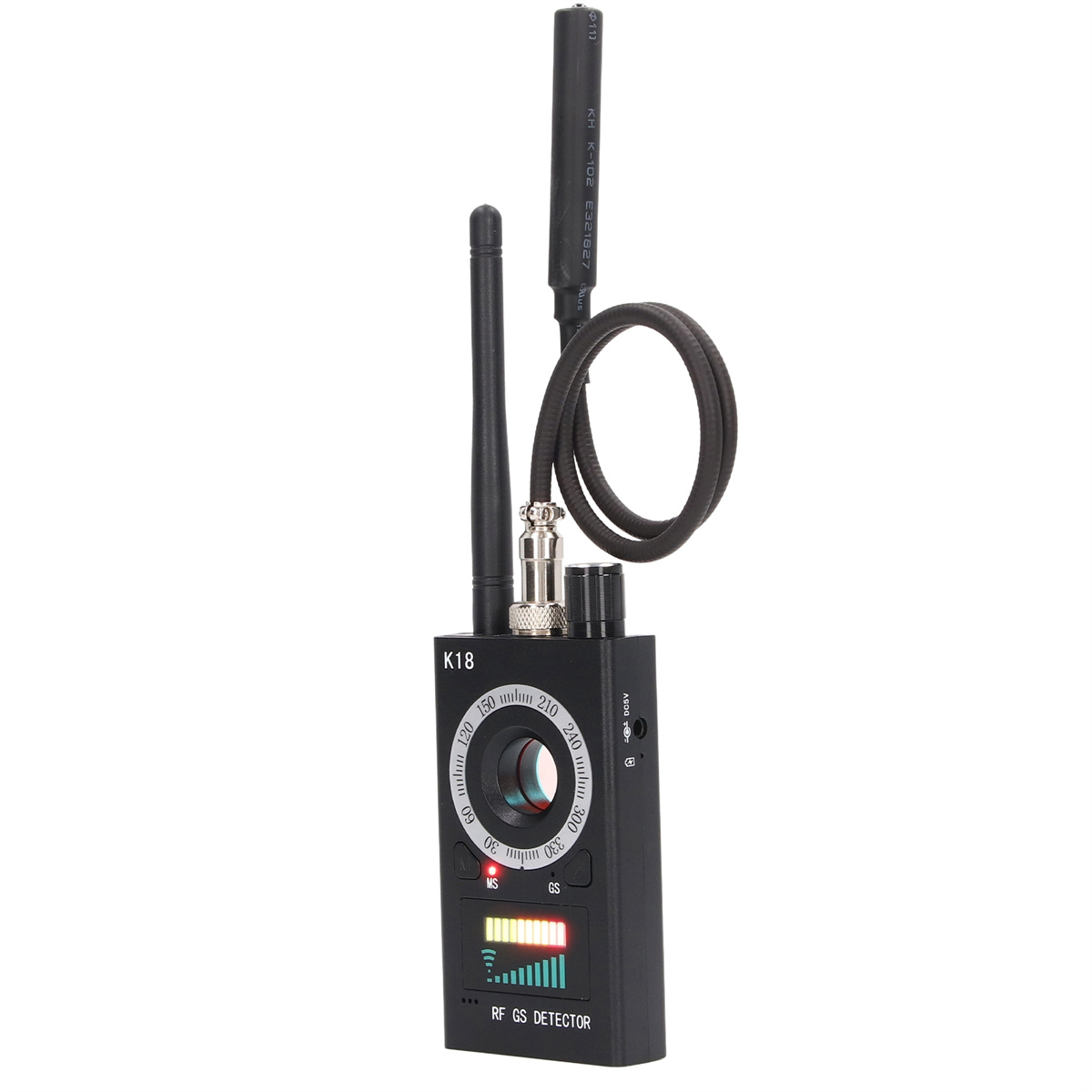 Schwarzer RF-Detektor mit Antenne und Display. Er hat ein Messgerät und ein rotes Licht.