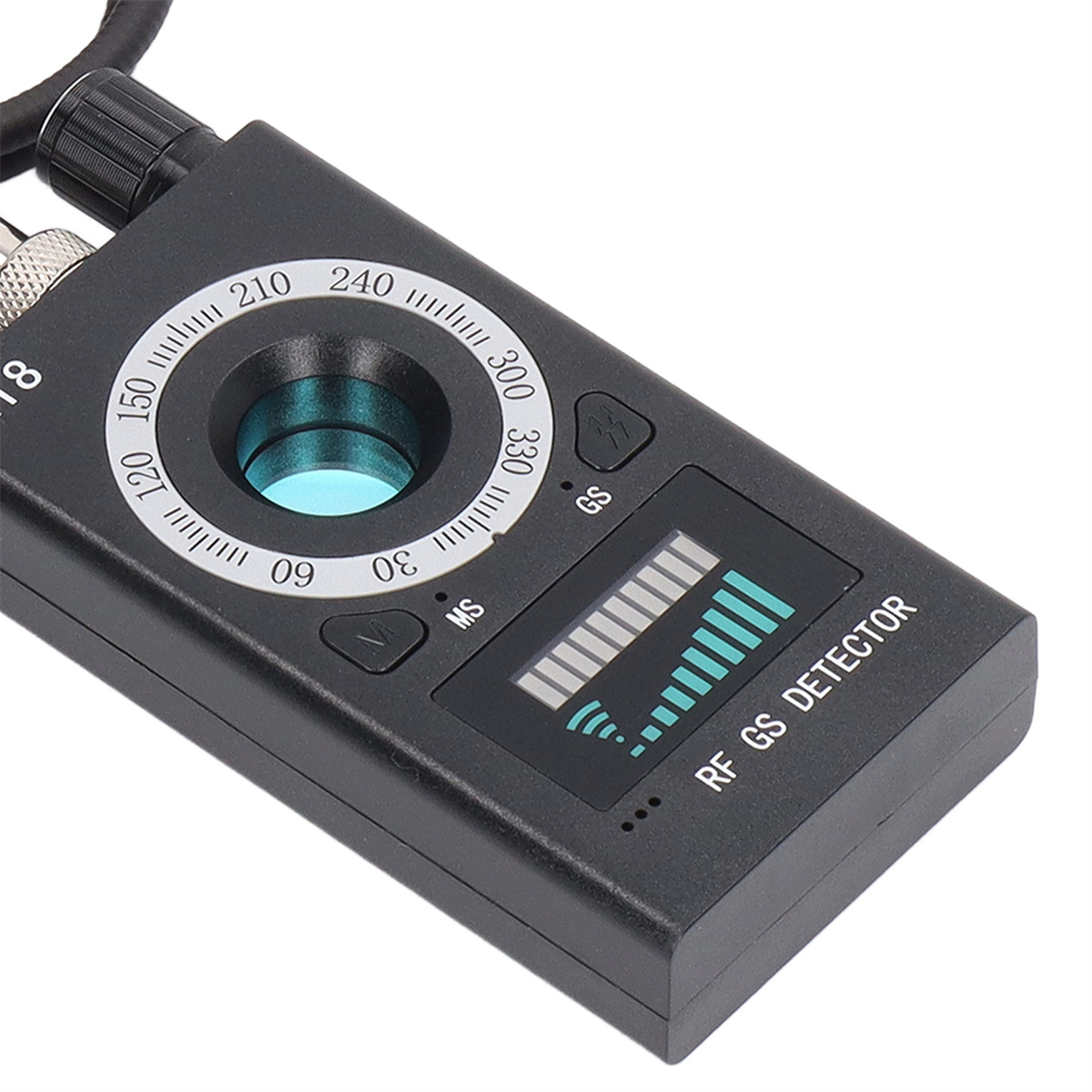 Ein schwarzer RF GS-Detektor mit digitaler Anzeige und Zifferblatt, mit Kabel.
