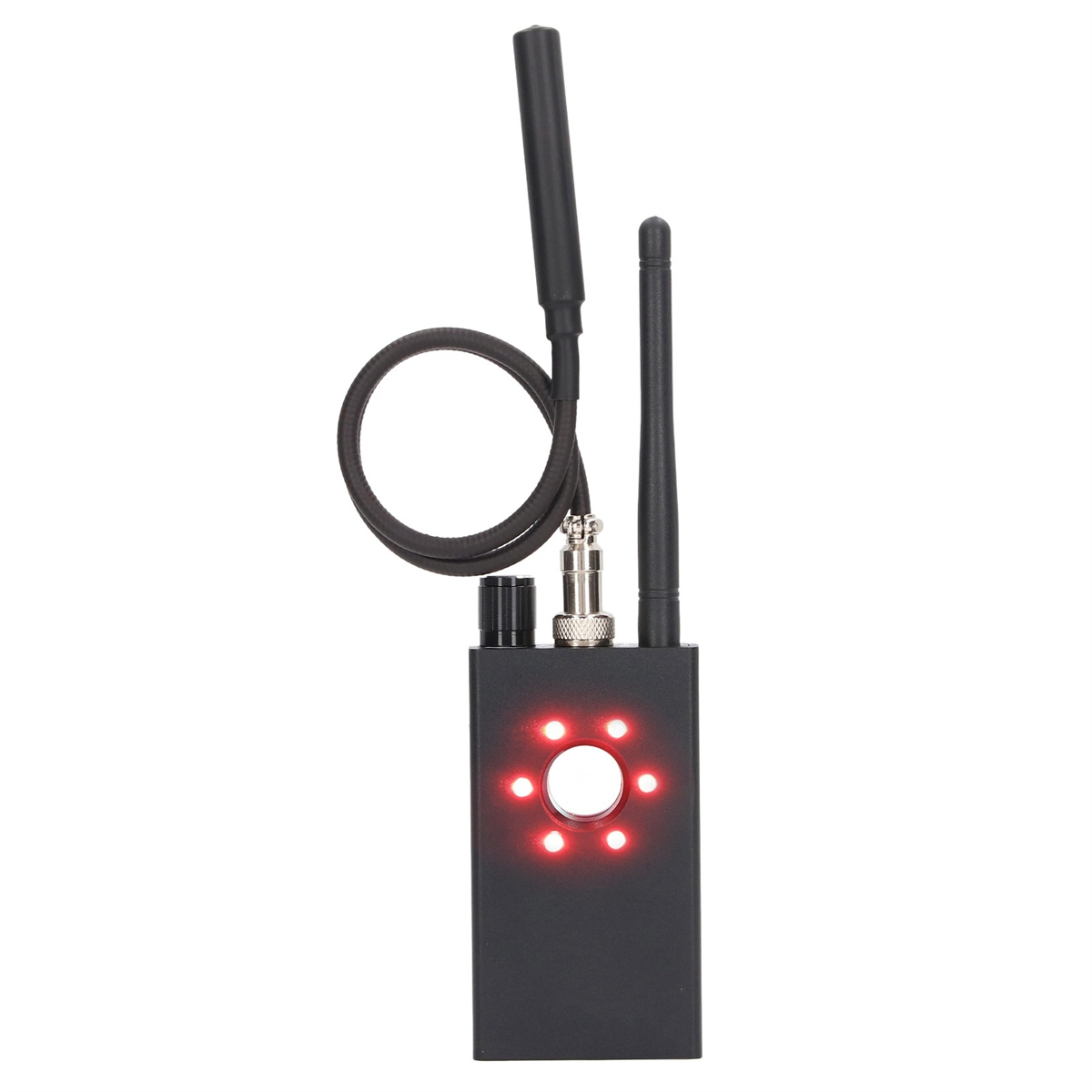 Schwarzes Gerät mit Antennen und roten Lichtern. Wahrscheinlich ein Wanzenfinder.