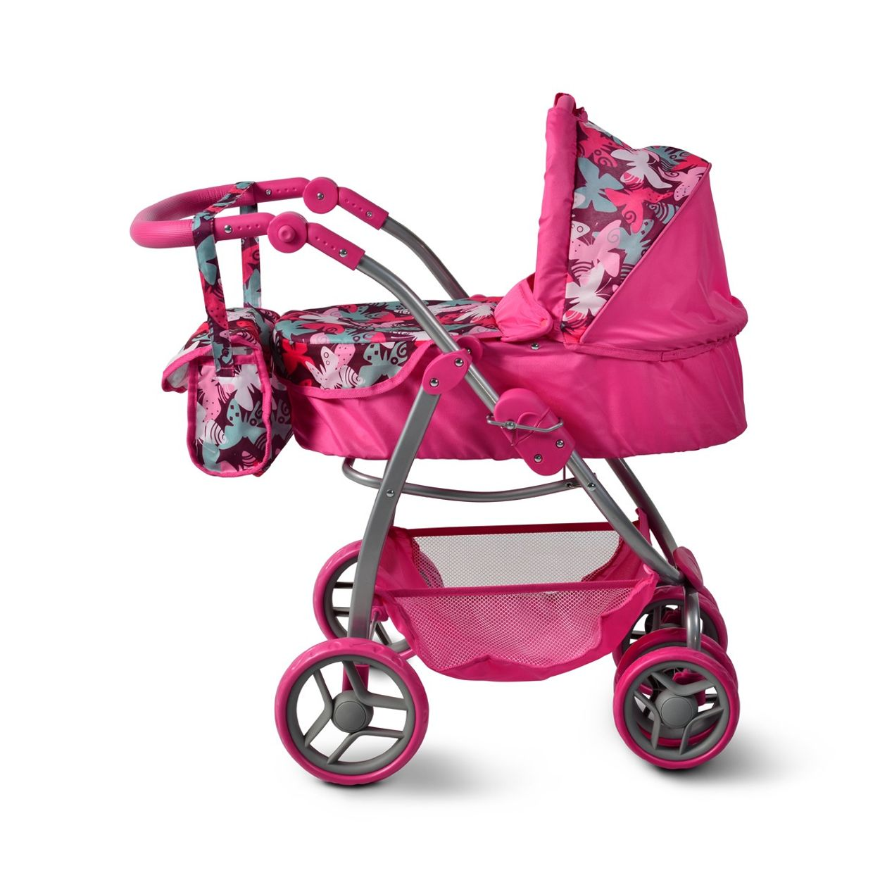Rosa Puppenwagen mit floralem Muster und Verdeck, Seitentasche und unterem Korb.