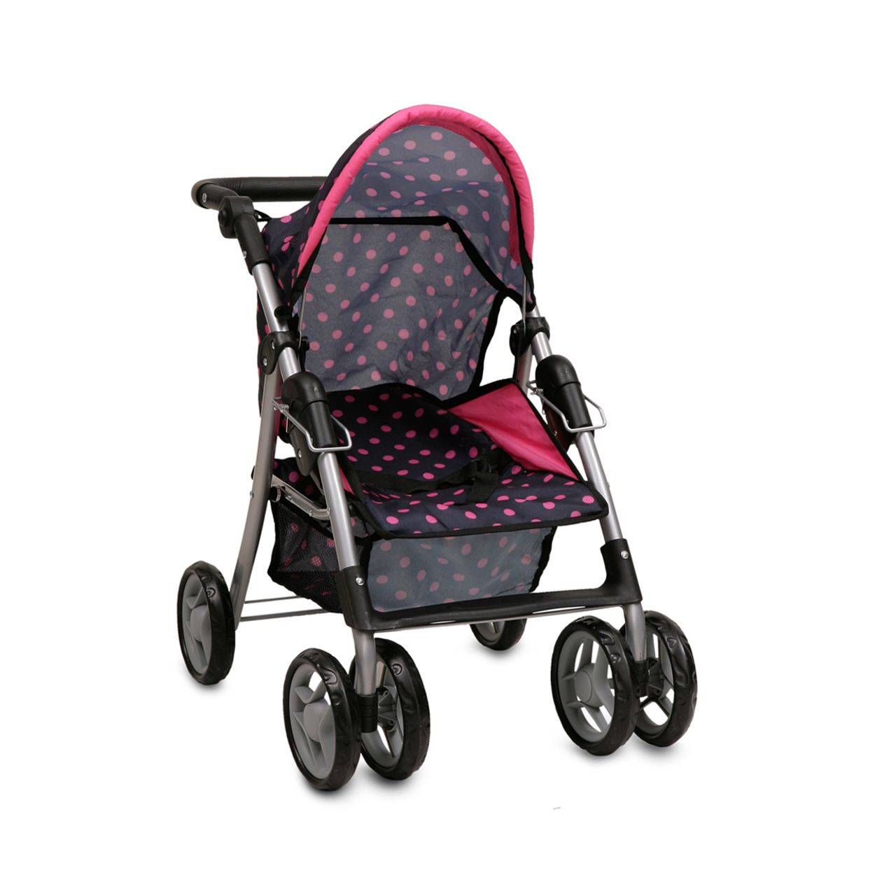 Ein Kinderwagen mit Verdeck, Polka-Dot-Stoff und vier Rädern.