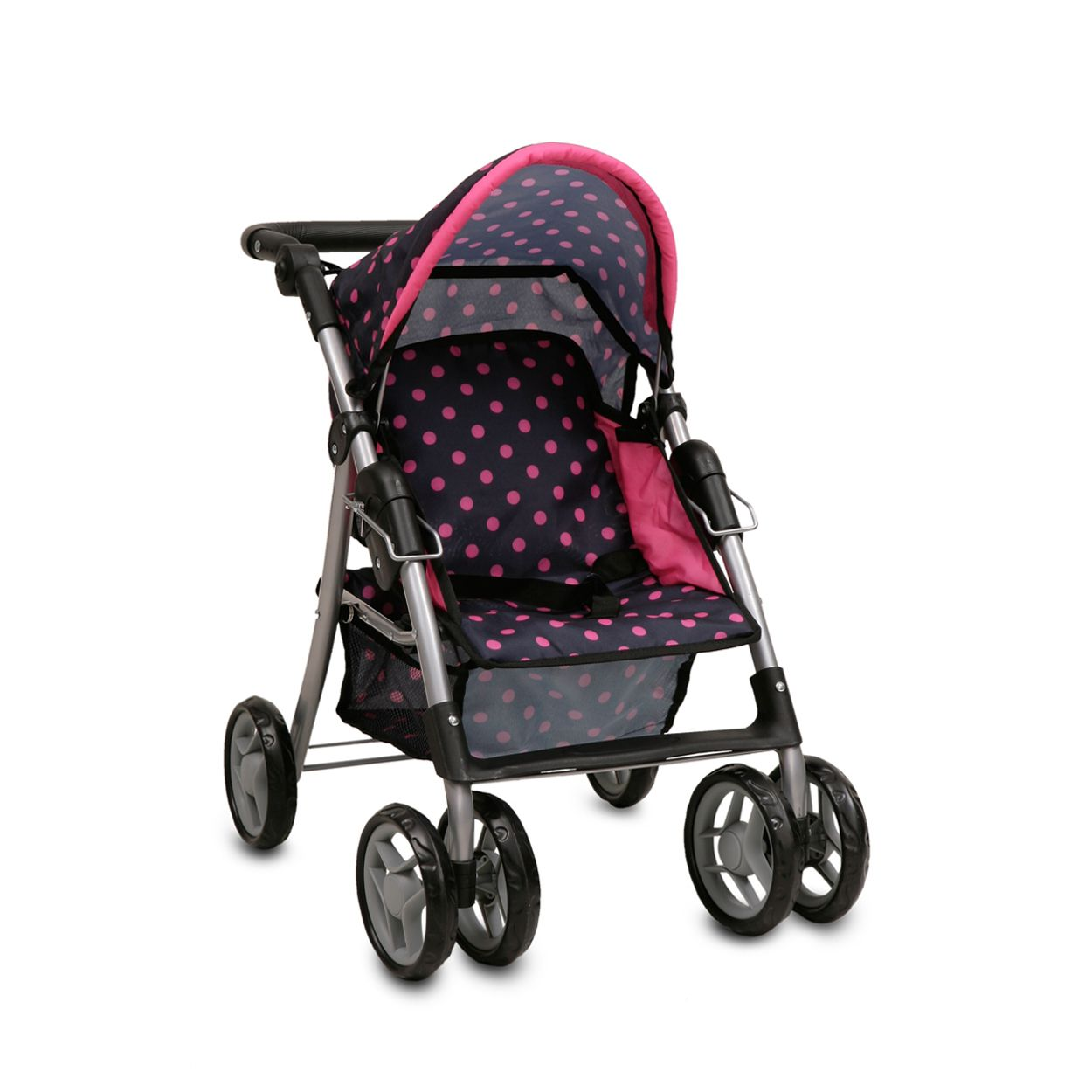 Rosa gepunkteter Puppenwagen. Silberner Rahmen, schwarze Räder und ein rosa Verdeck.