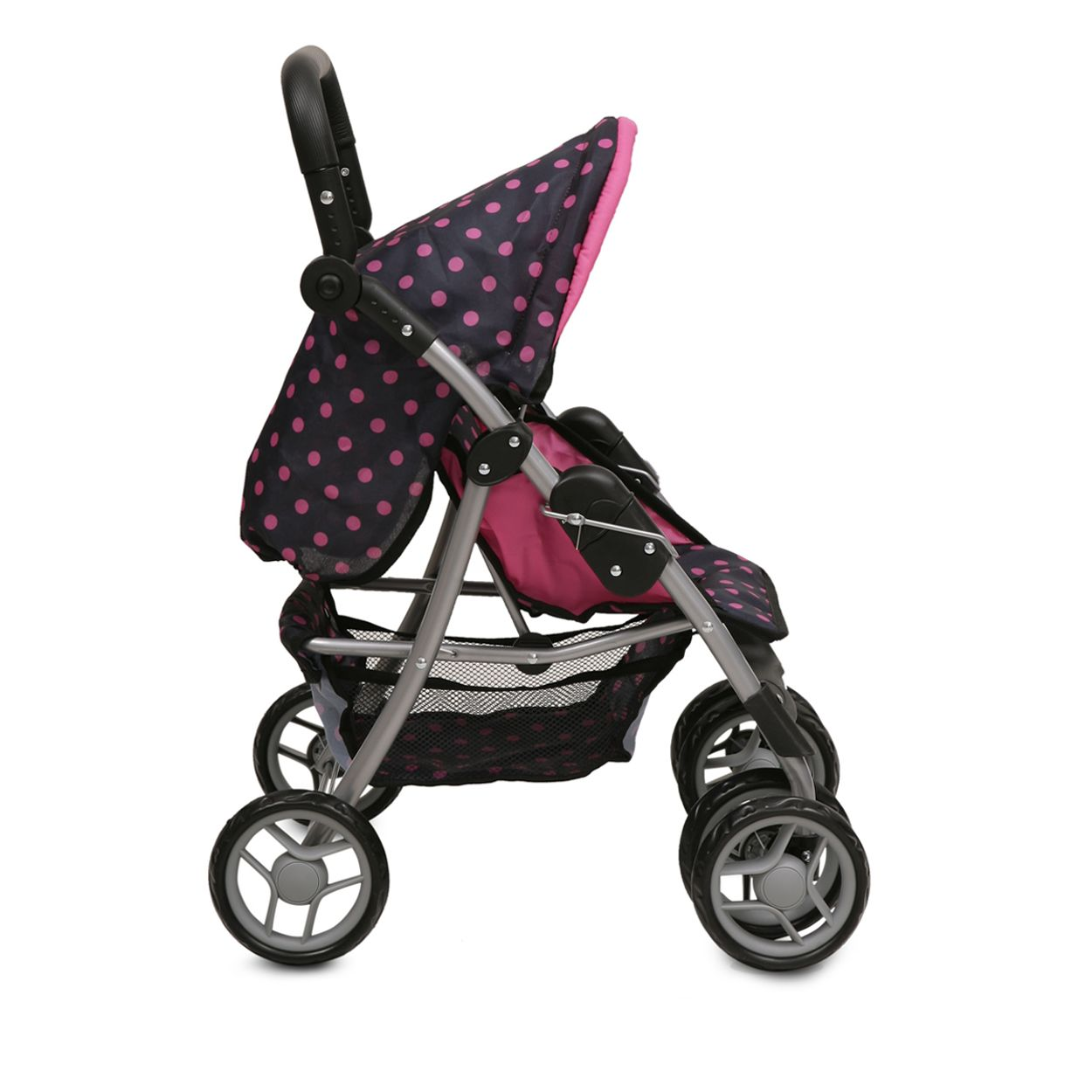 Ein rosa und schwarz gepunkteter Kinderwagen mit vier Rädern, einem Korb und einem Sonnenschutz.