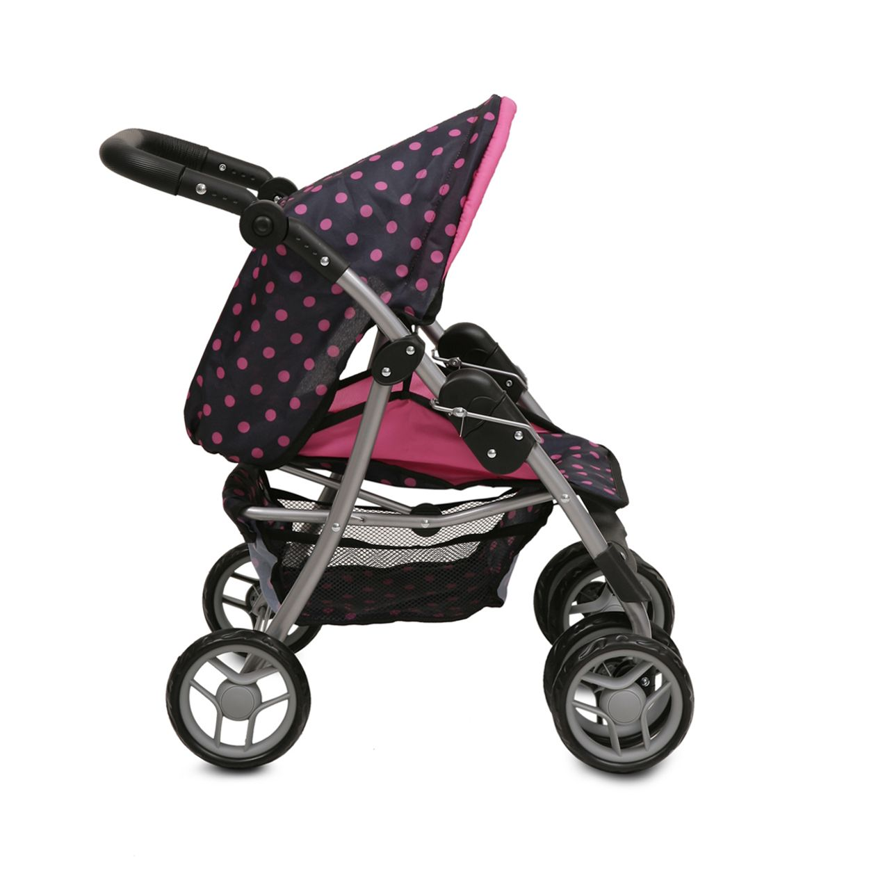 Ein rosa-blauer Polka-Dot-Kinderwagen mit schwarzem Korb.